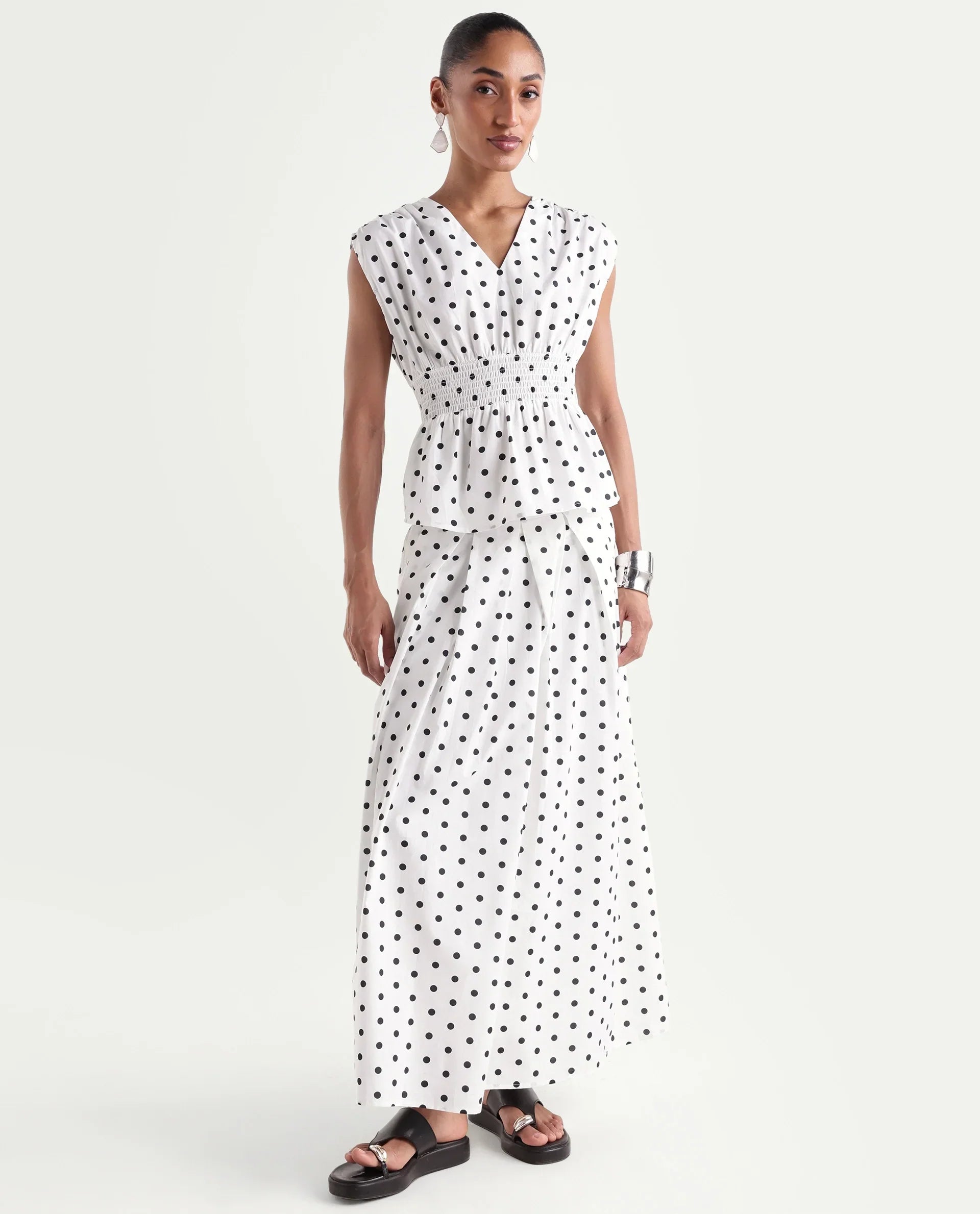 Rareism Women's Polto-B Off White Cotton Button And Zip Flared Polka Print Skirt