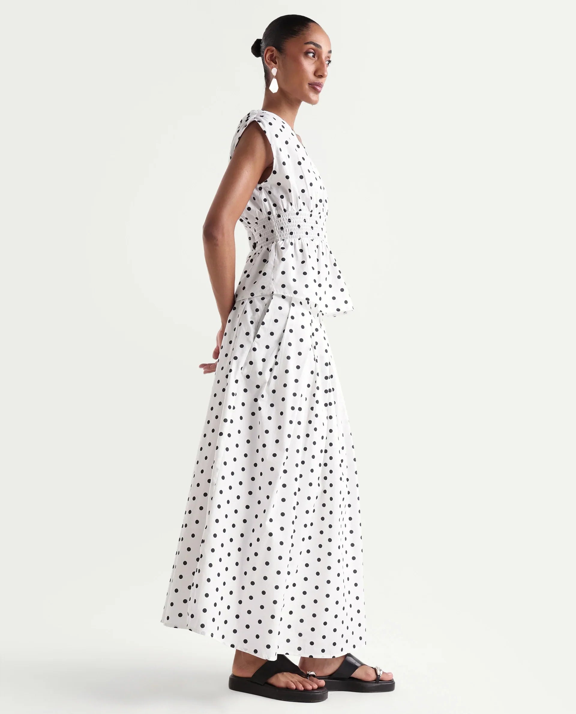 Rareism Women's Polto-B Off White Cotton Button And Zip Flared Polka Print Skirt
