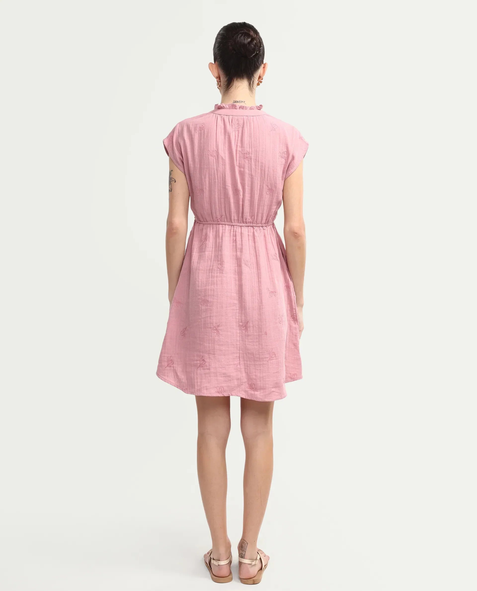 Rareism Women's Rudum Dusky Pink Cotton Ruffled Neck Fit And Flare Plain Dress