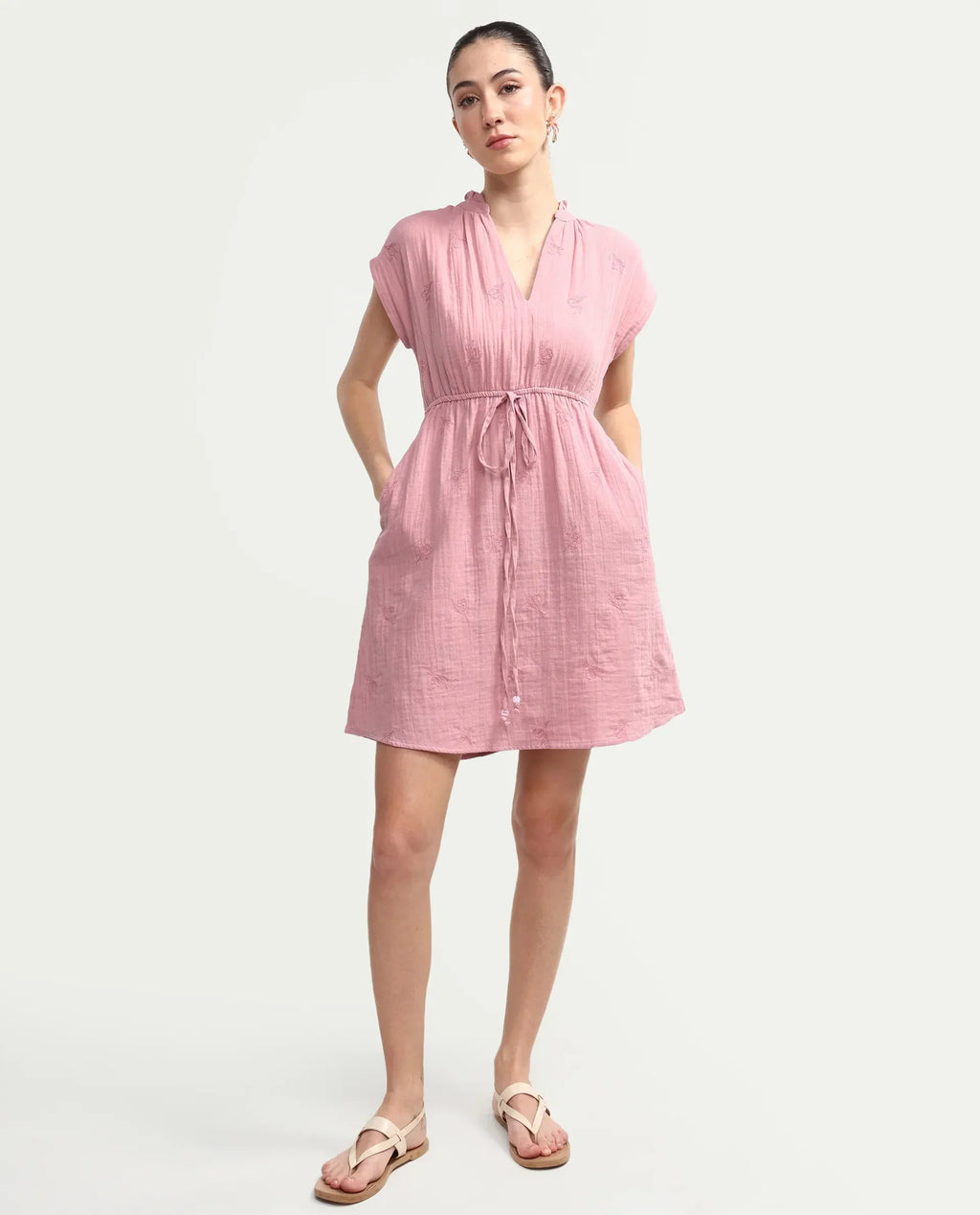 Rareism Women's Rudum Dusky Pink Cotton Ruffled Neck Fit And Flare Plain Dress