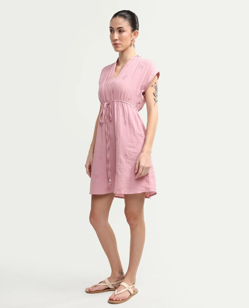 Rareism Women's Rudum Dusky Pink Cotton Ruffled Neck Fit And Flare Plain Dress