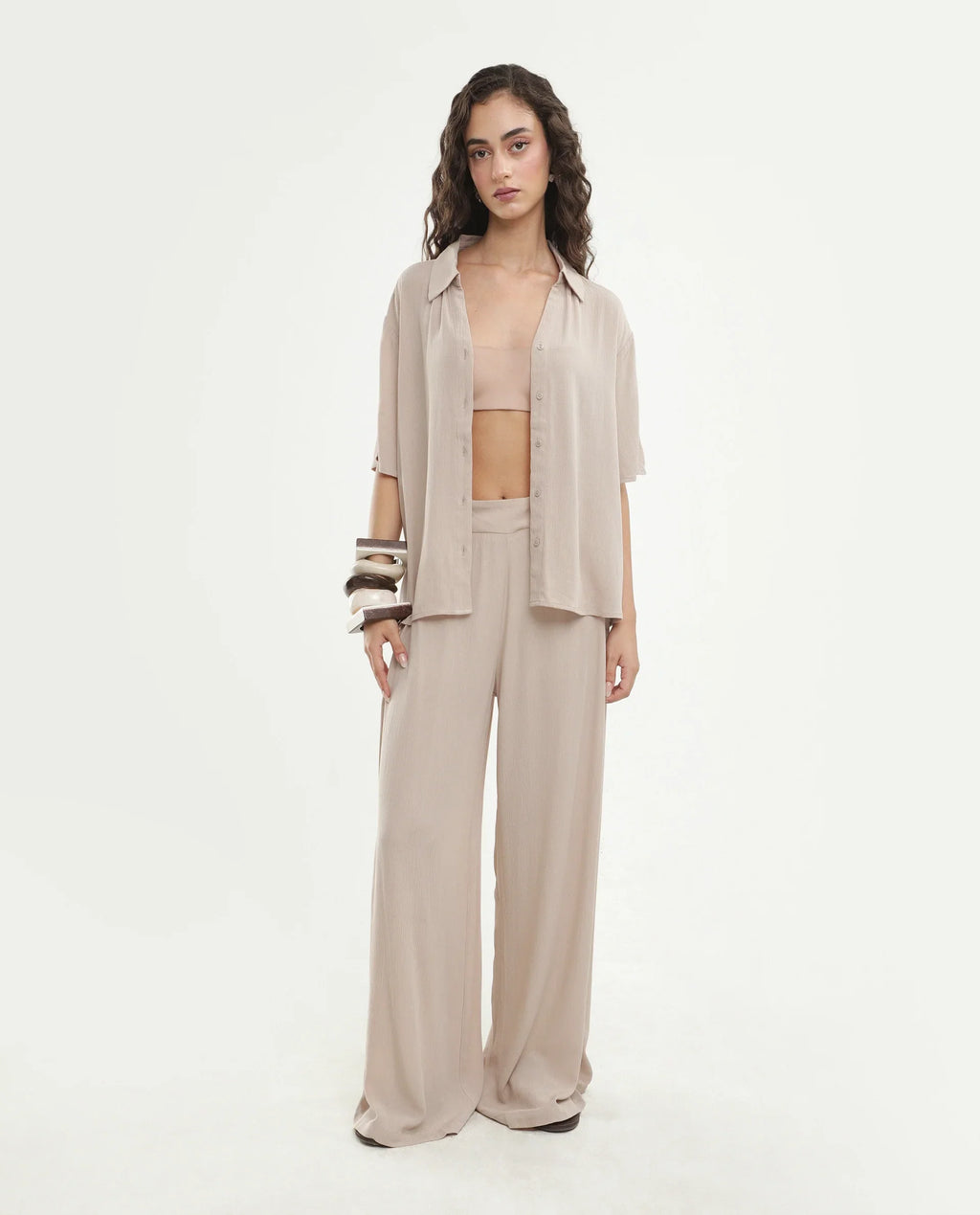 Rareism Women's Vaxon-B Beige Viscose Fabric Ankle length Wide Leg Plain Trouser