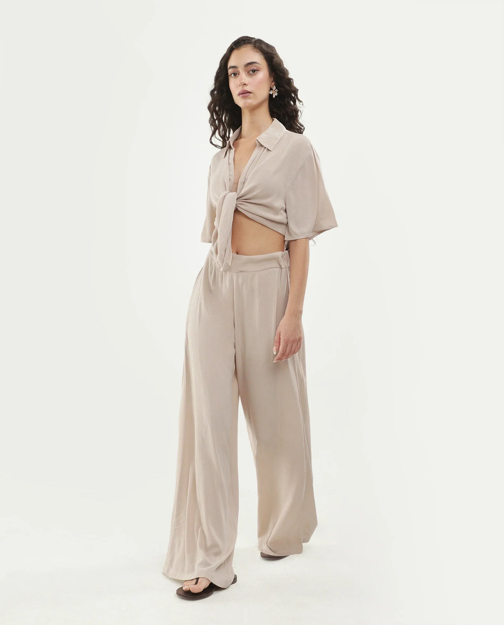 Rareism Women's Vaxon-B Beige Viscose Fabric Ankle length Wide Leg Plain Trouser