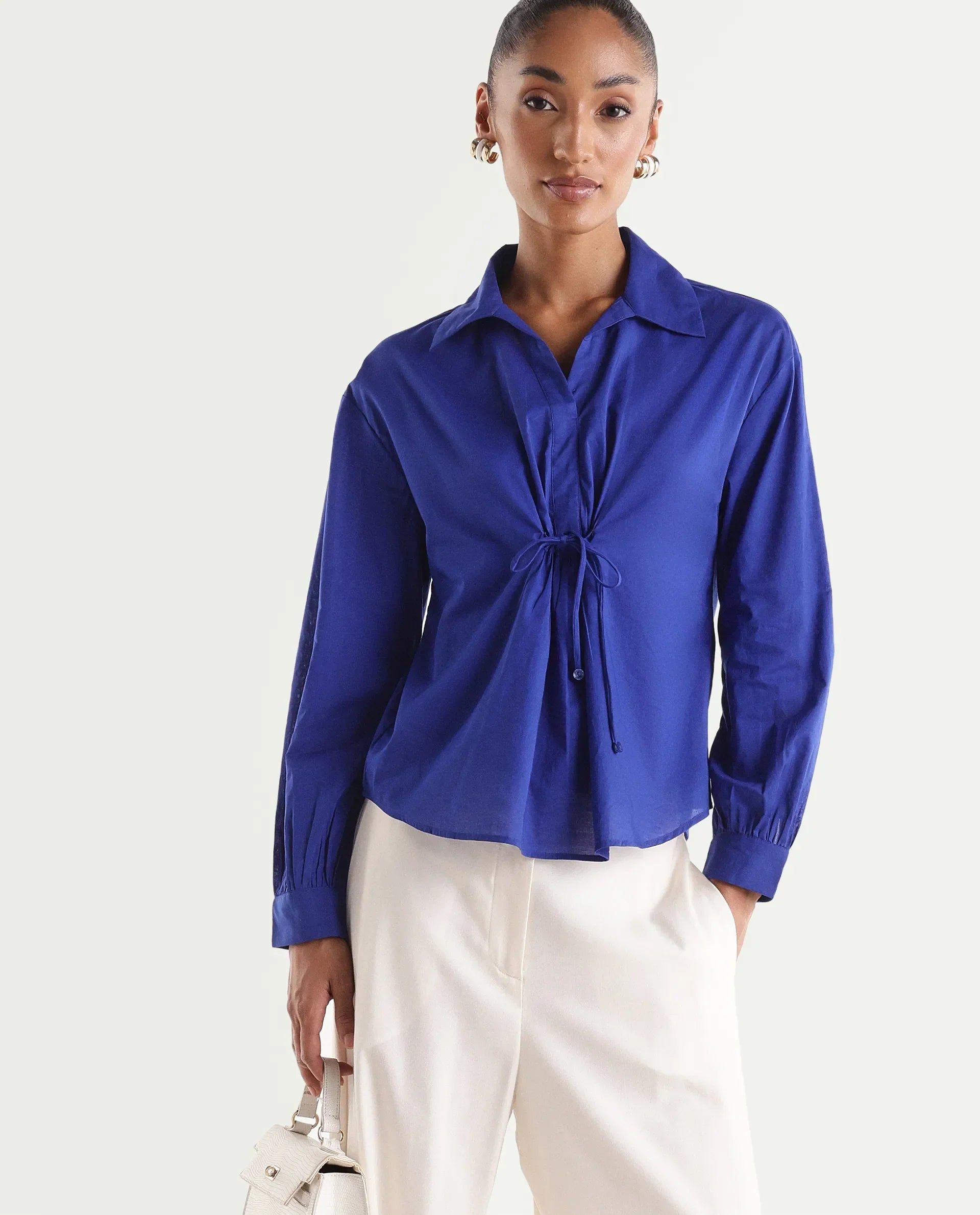 Rareism Women's Vimon Dark Blue Cotton Johnny Collar Relaxed Plain Top