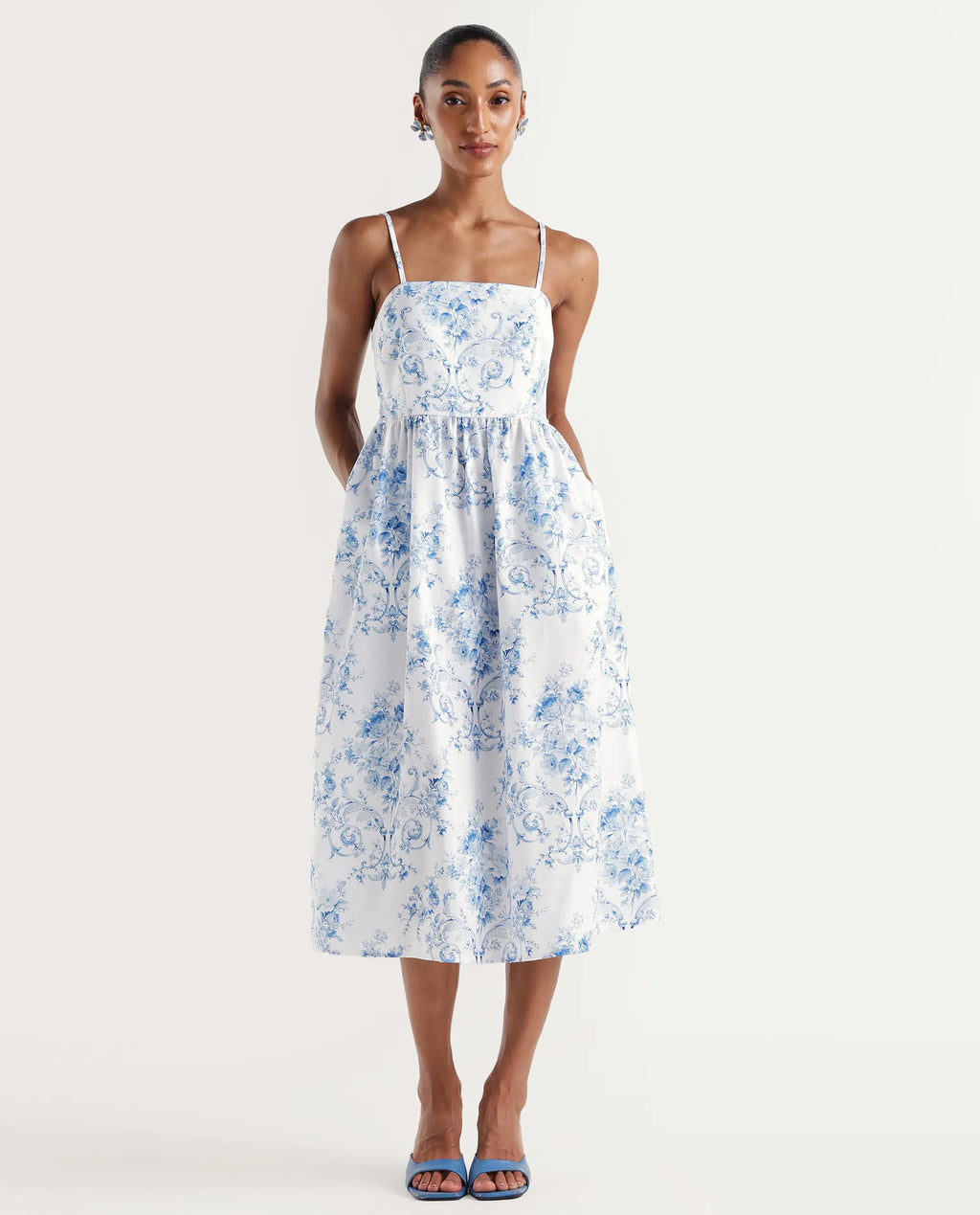 Rareism Women's Vaniko White Polyester Tube Neck Fit And Flare Floral Print Dress