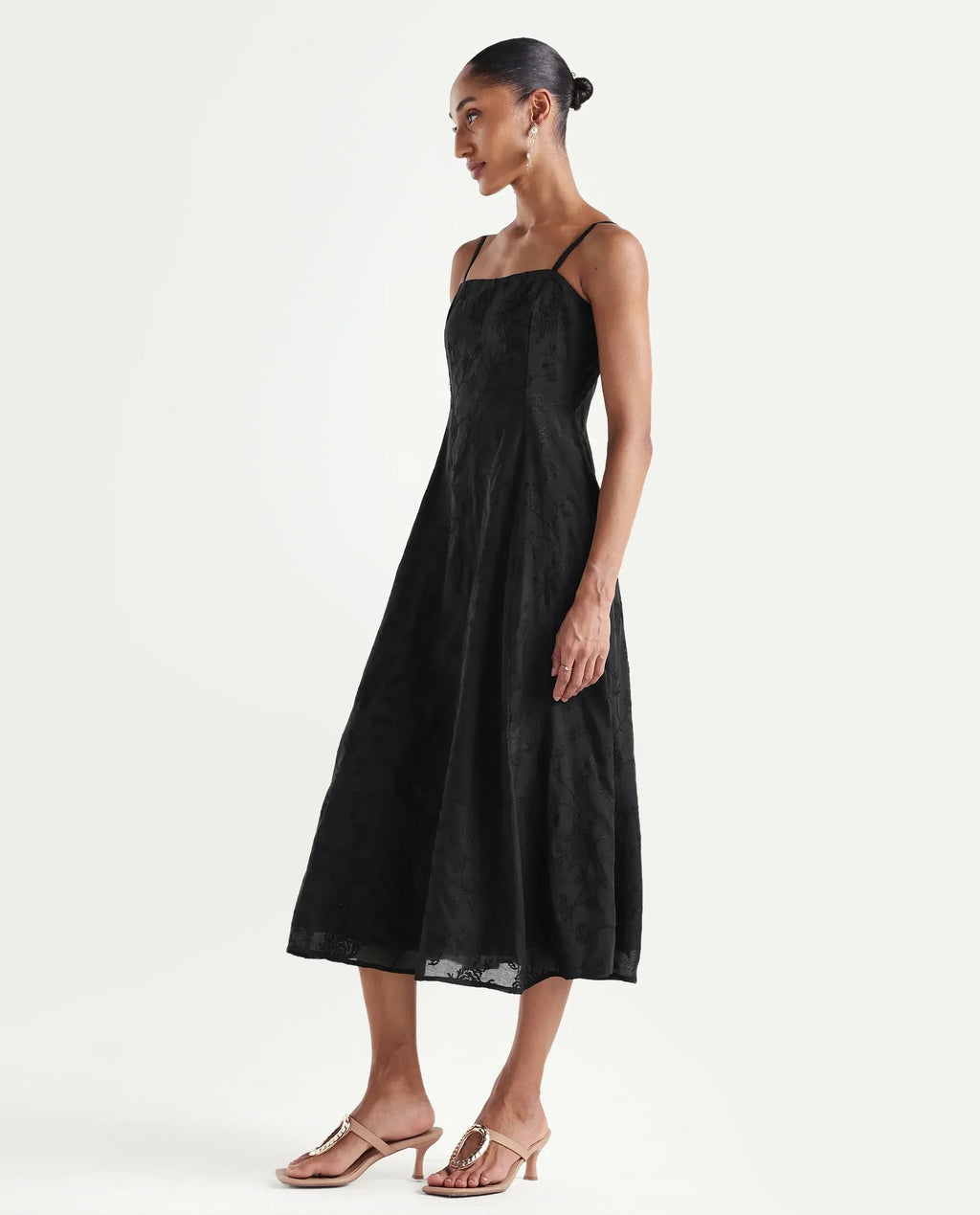 Rareism Women's Trini Dark Black Viscose Fit And Flare Plain Dress