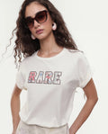 Rareism Women's Majo Off White Cotton Blend Fabric Crew Neck Relaxed Typography Print T-Shirt