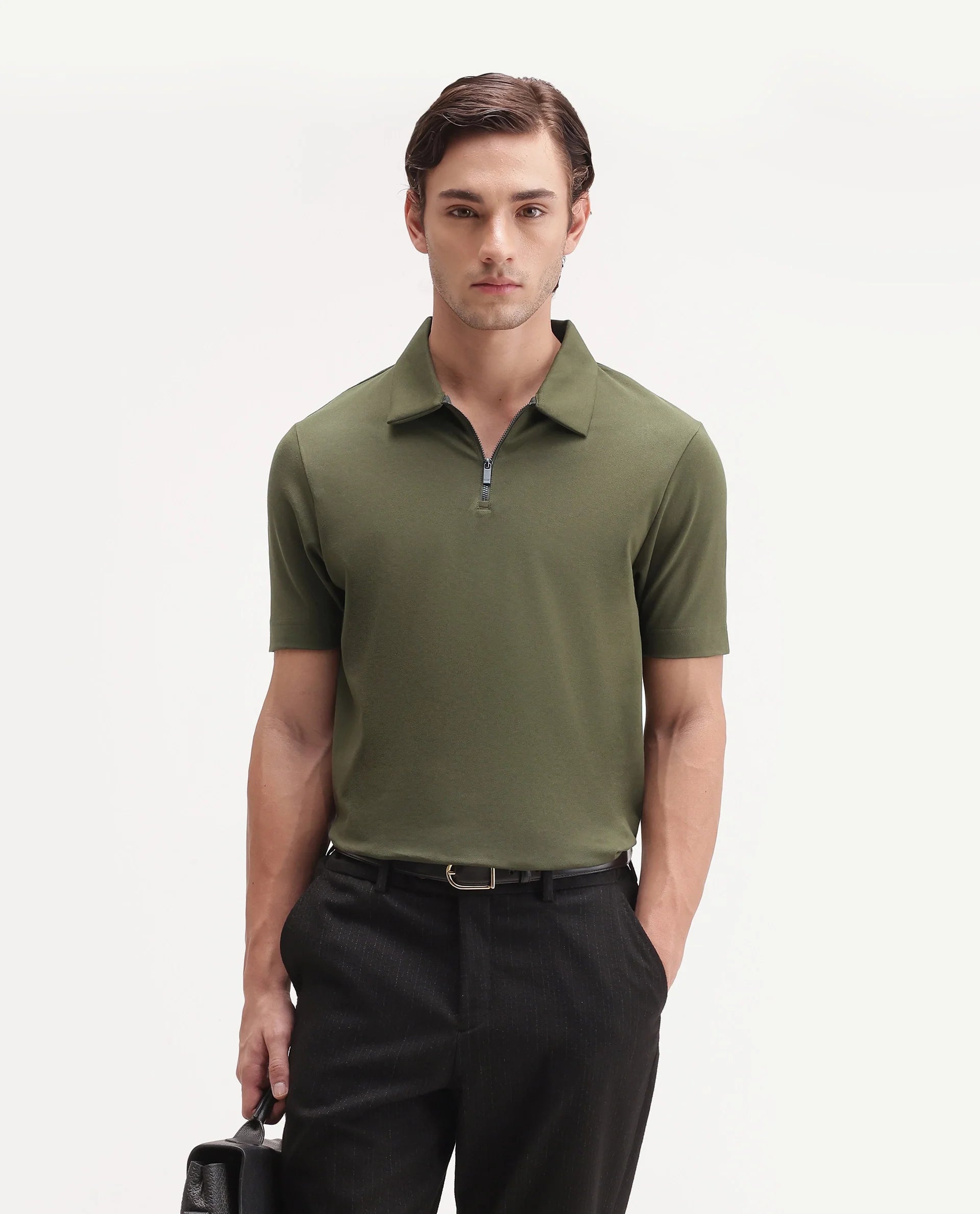 Rare Rabbit Men's Basic Rr-Corp-Cove Dark Olive Cotton Blend Spread Collar Regular Plain Polo