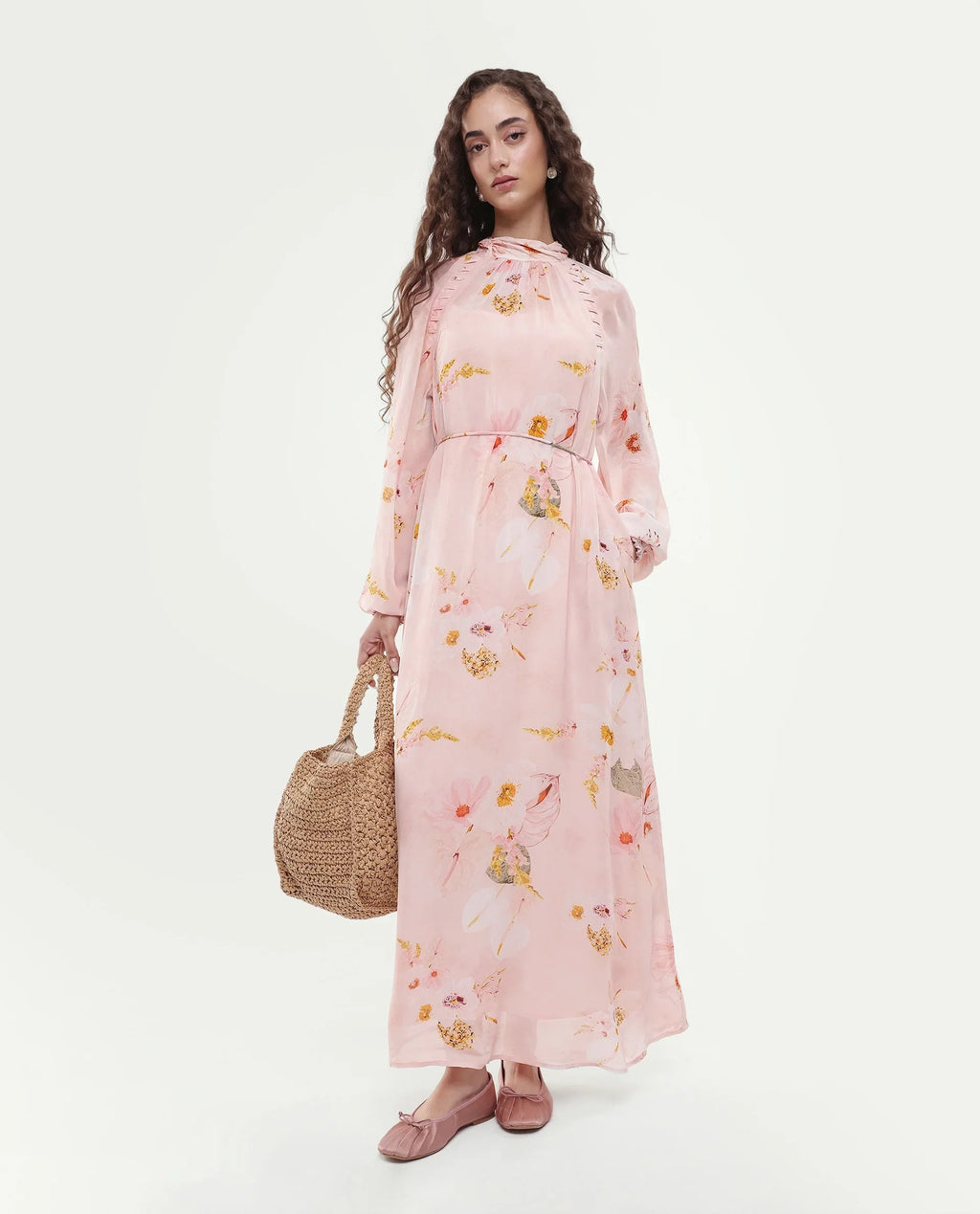 Rareism Women's Rumink Pastel Pink Viscose Band Collar Button A-Line Printed Dress