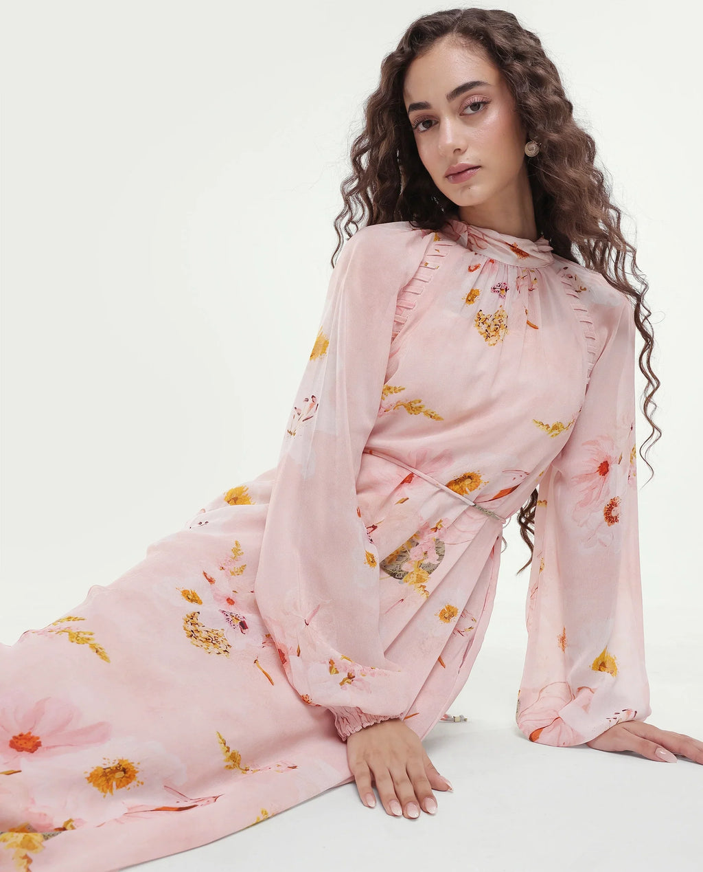 Rareism Women's Rumink Pastel Pink Viscose Band Collar Button A-Line Printed Dress