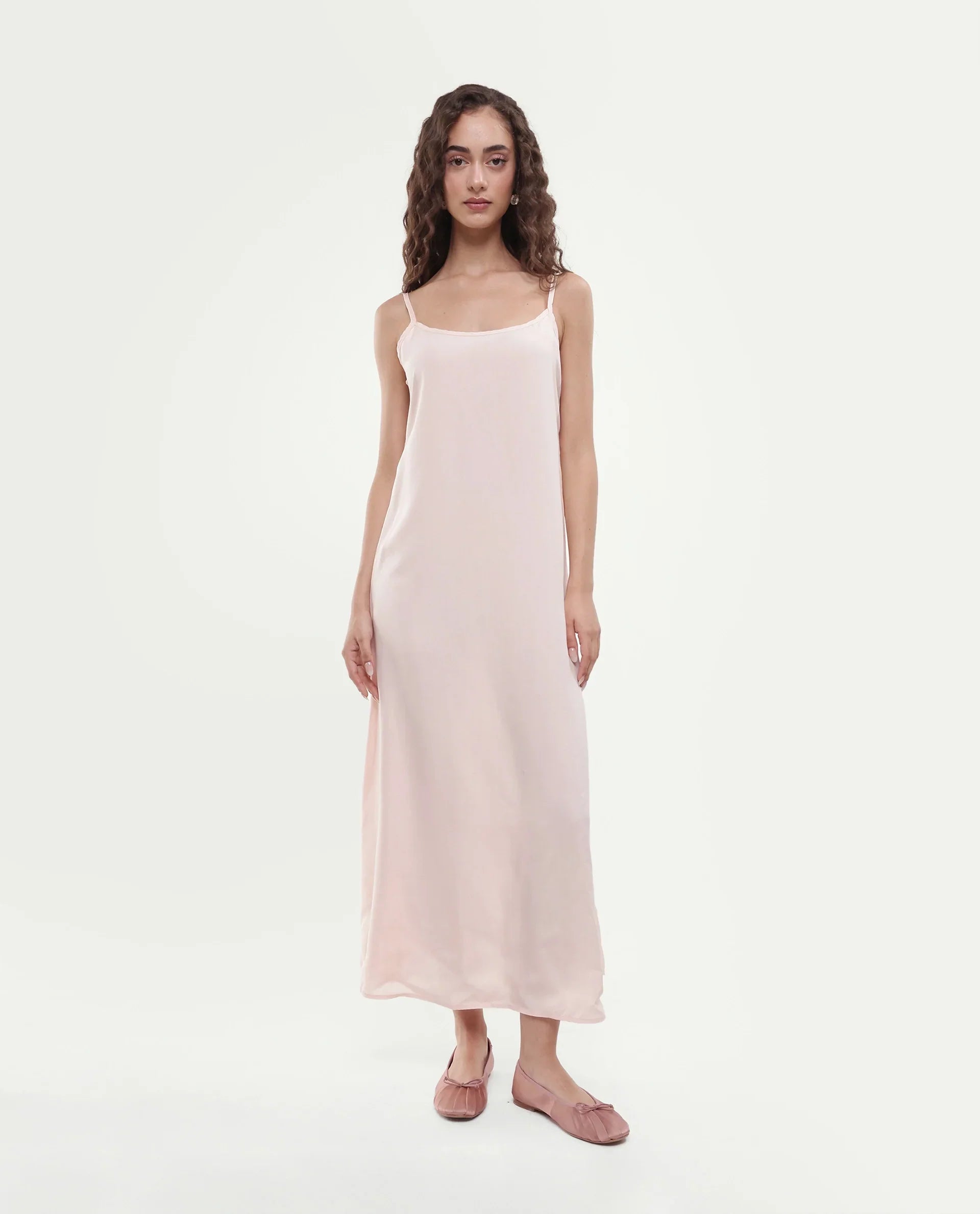 Rareism Women's Rumink Pastel Pink Viscose Band Collar Button A-Line Printed Dress