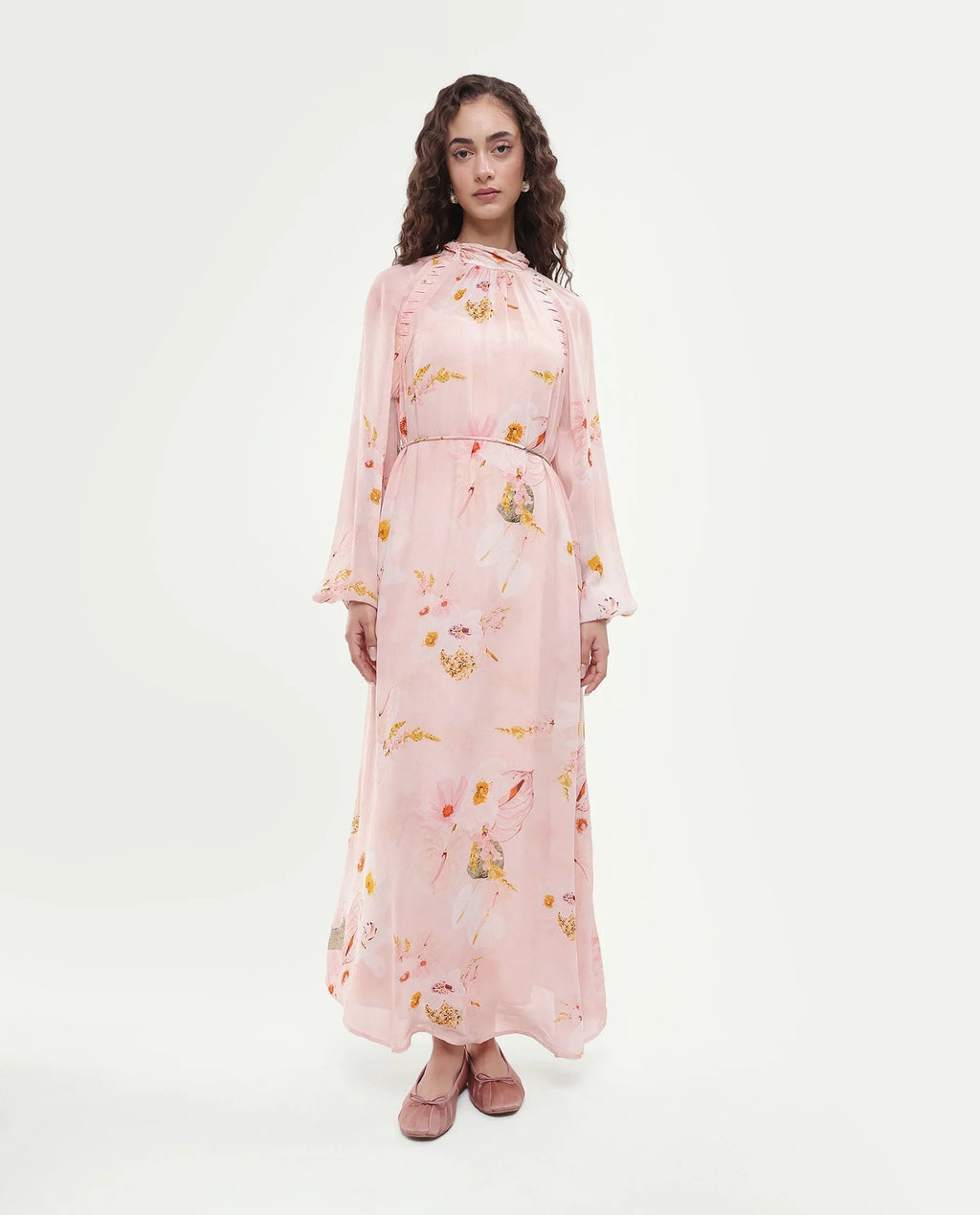 Rareism Women's Rumink Pastel Pink Viscose Band Collar Button A-Line Printed Dress