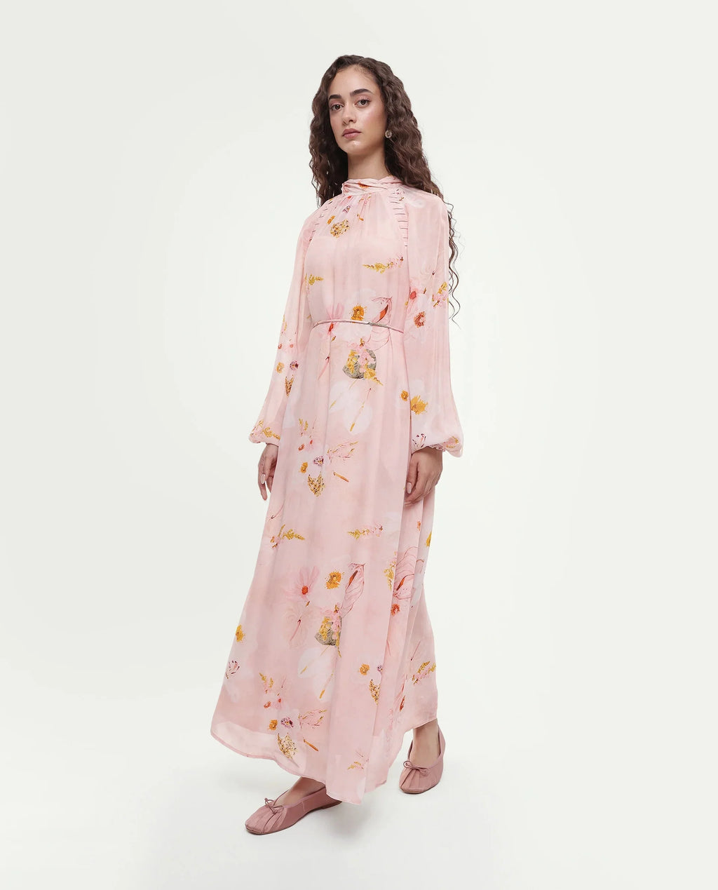 Rareism Women's Rumink Pastel Pink Viscose Band Collar Button A-Line Printed Dress