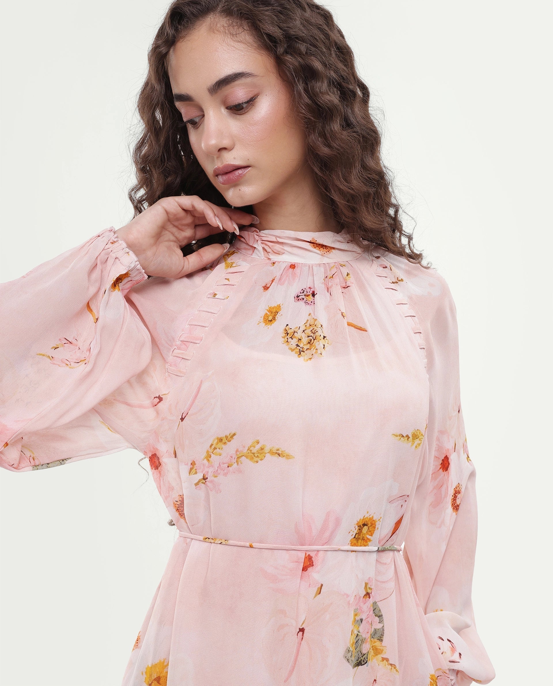Rareism Women's Rumink Pastel Pink Viscose Band Collar Button A-Line Printed Dress