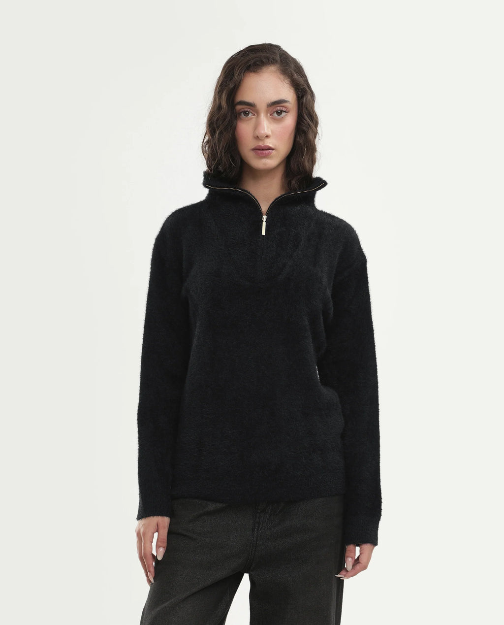 Rareism Women's Asseraw26 Black Nylon Blend Johnny Collar Relaxed Fit Plain Sweater
