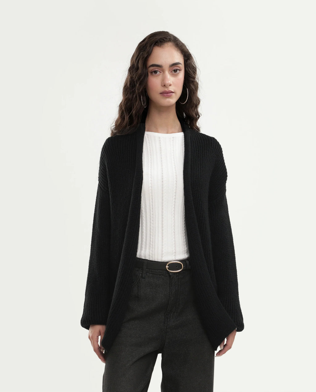 Rareism Women's Jugaw26 Black Acrylic Blend Lapel Neck Relaxed Fit Plain Shrug
