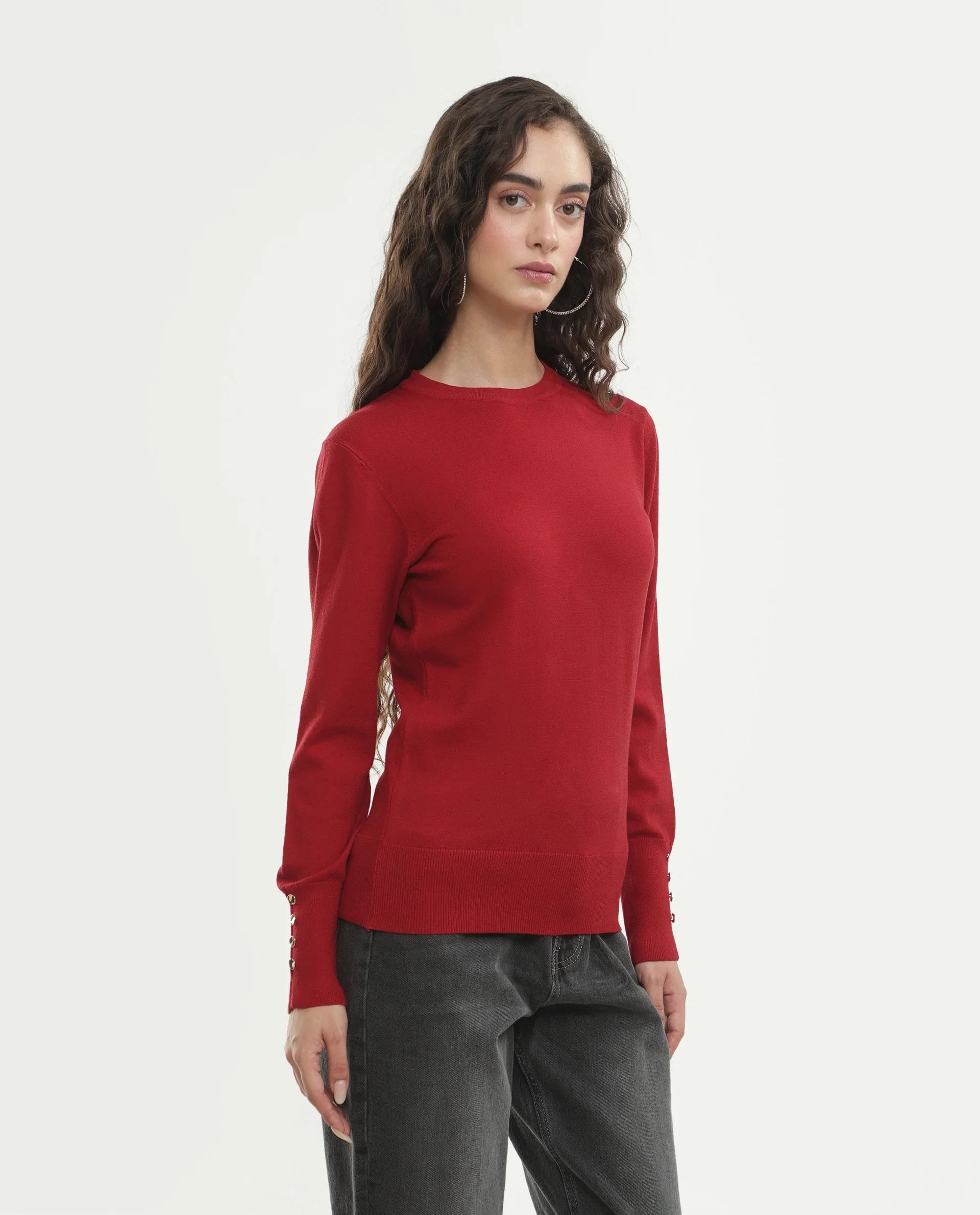 Rareism Women's Loran Dark Red Viscose Blend Crew Neck Regular Fit Plain Top