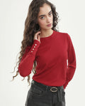 Rareism Women's Loran Dark Red Viscose Blend Crew Neck Regular Fit Plain Top