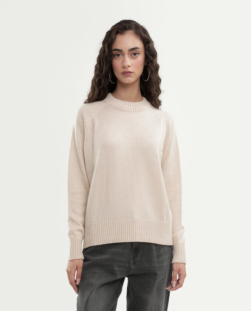 Rareism Women's Mitso Light Beige Acrylic Crew Neck Relaxed Fit Plain Sweater