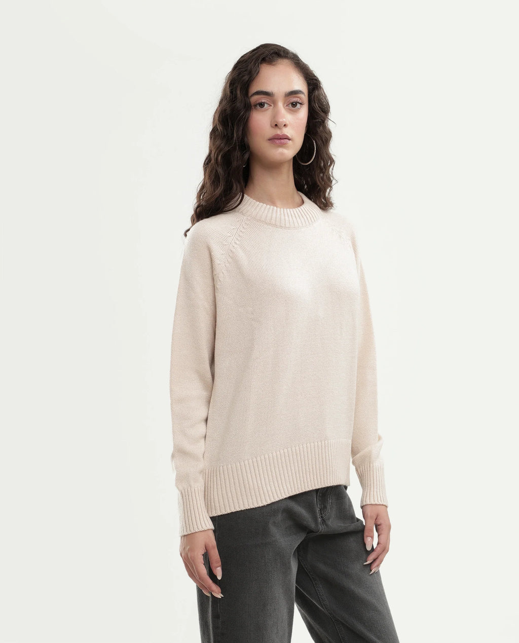 Rareism Women's Mitso Light Beige Acrylic Crew Neck Relaxed Fit Plain Sweater