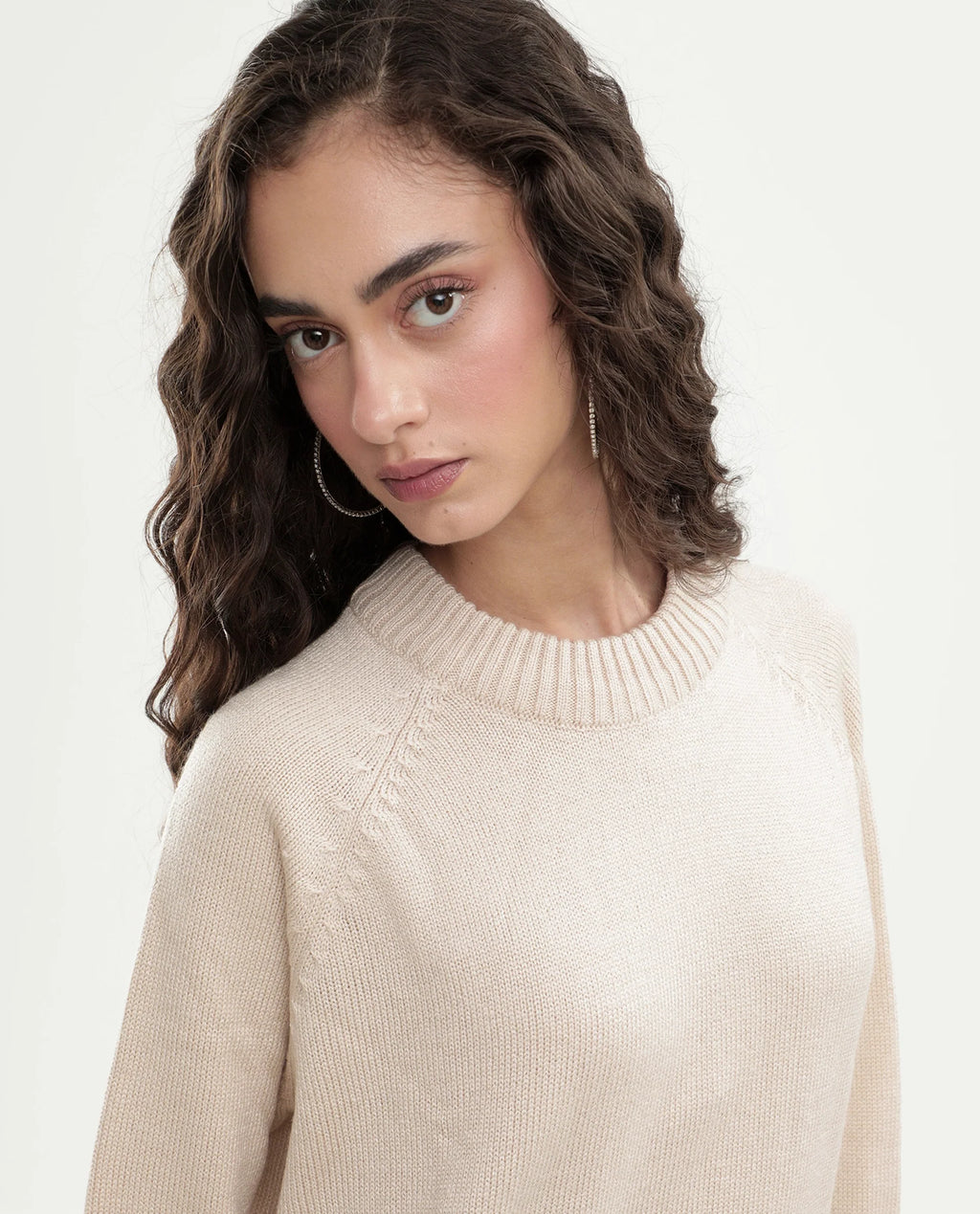 Rareism Women's Mitso Light Beige Acrylic Crew Neck Relaxed Fit Plain Sweater