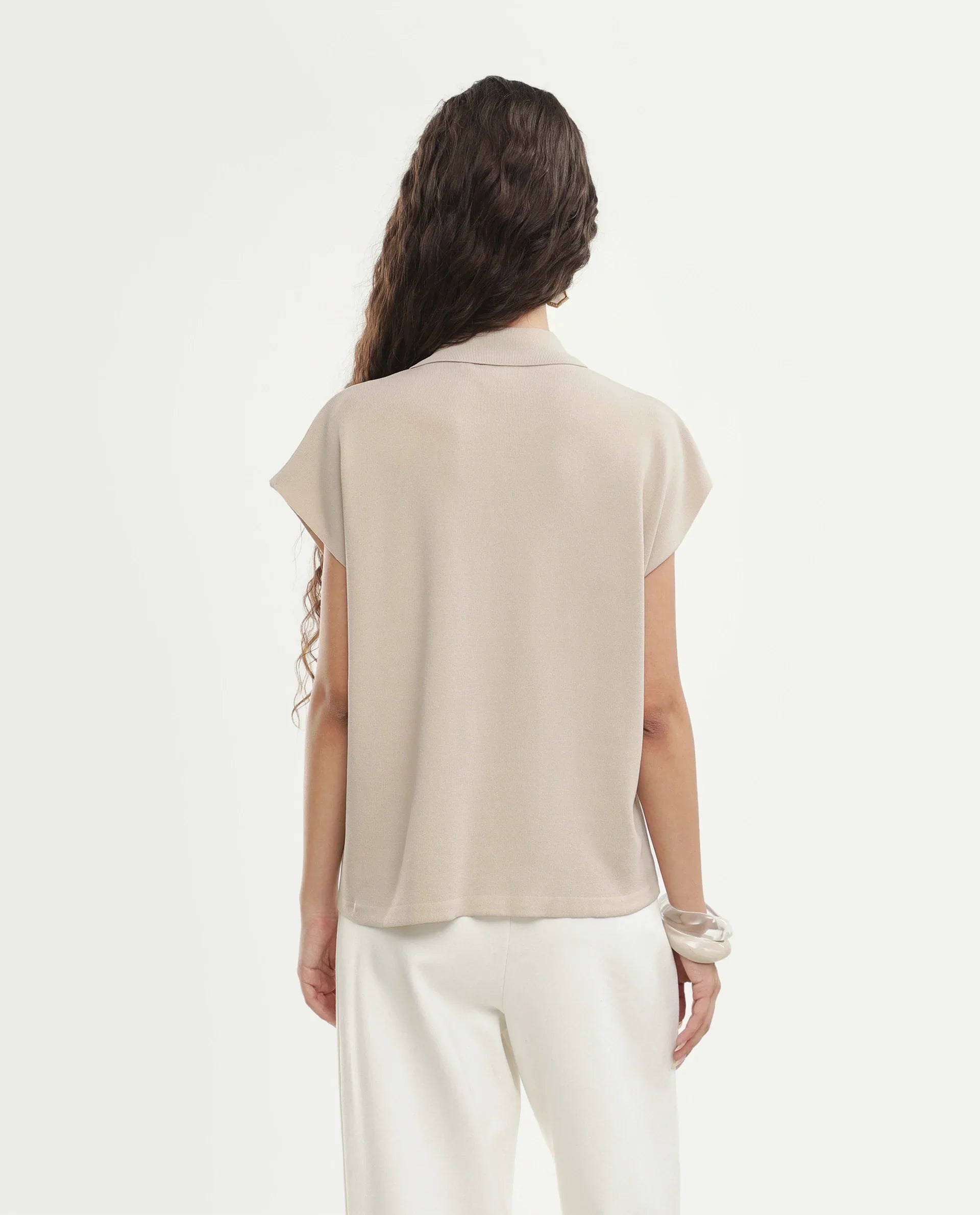 Rareism Women's Prepolaw26 Beige Viscose Blend Spread Collar Relaxed Fit Plain Top