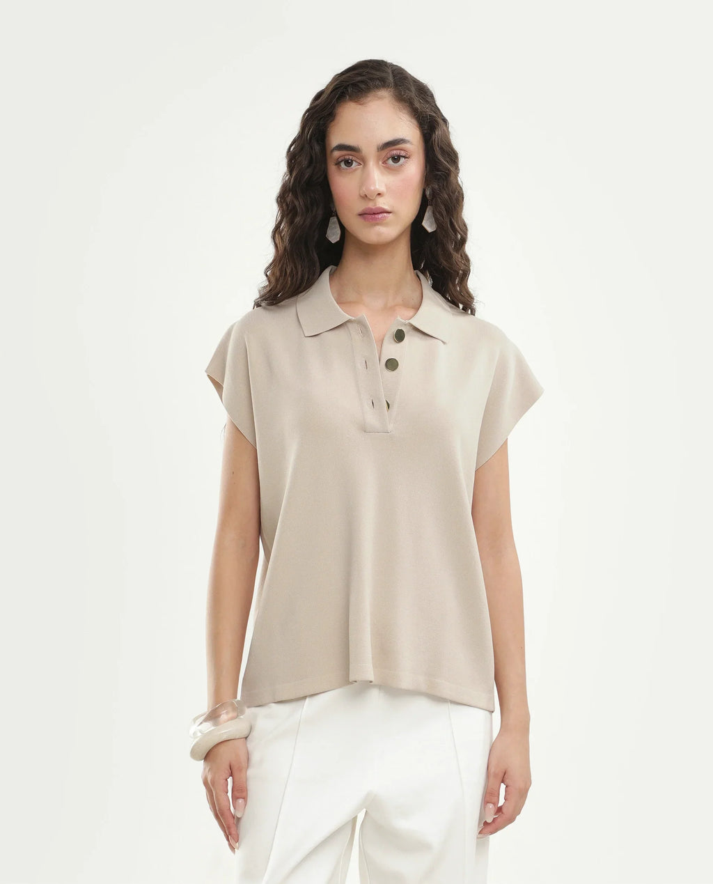 Rareism Women's Prepolaw26 Beige Viscose Blend Spread Collar Relaxed Fit Plain Top