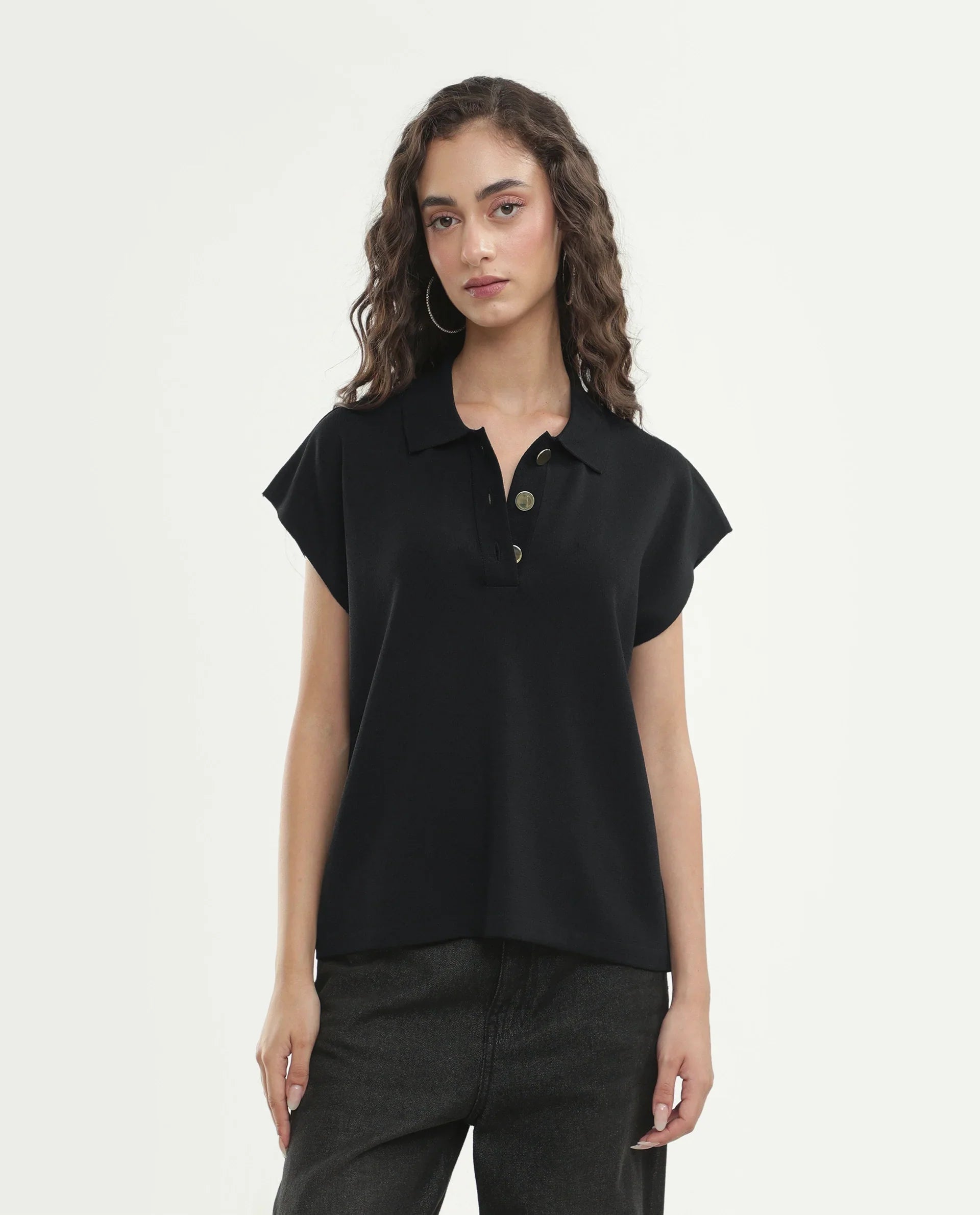 Rareism Women's Prepolaw26 Black Viscose Blend Spread Collar Relaxed Fit Plain Top