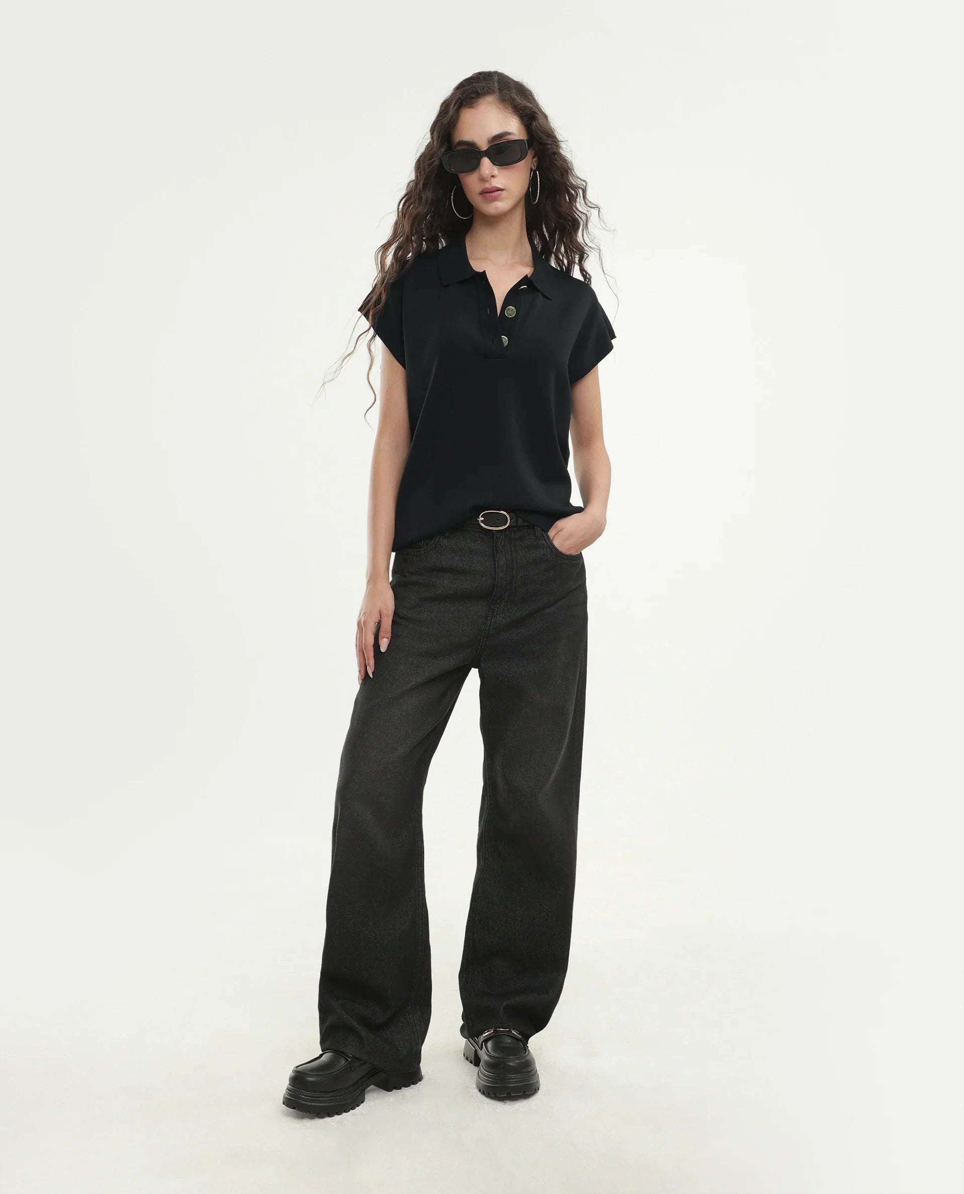 Rareism Women's Prepolaw26 Black Viscose Blend Spread Collar Relaxed Fit Plain Top