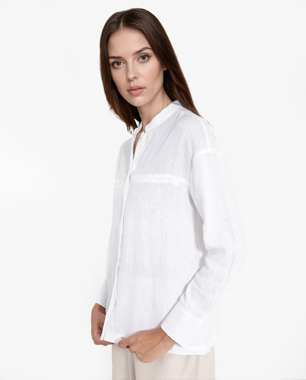 Rareism Women's Aruba White Cotton Linen Drop Collar Plain Cuffed Sleeve Regular Fit Shirt