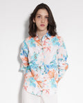 Rareism Women's Abbi Off White Cotton Spread Collar Floral Print Cuffed Sleeve Relaxed Fit Top