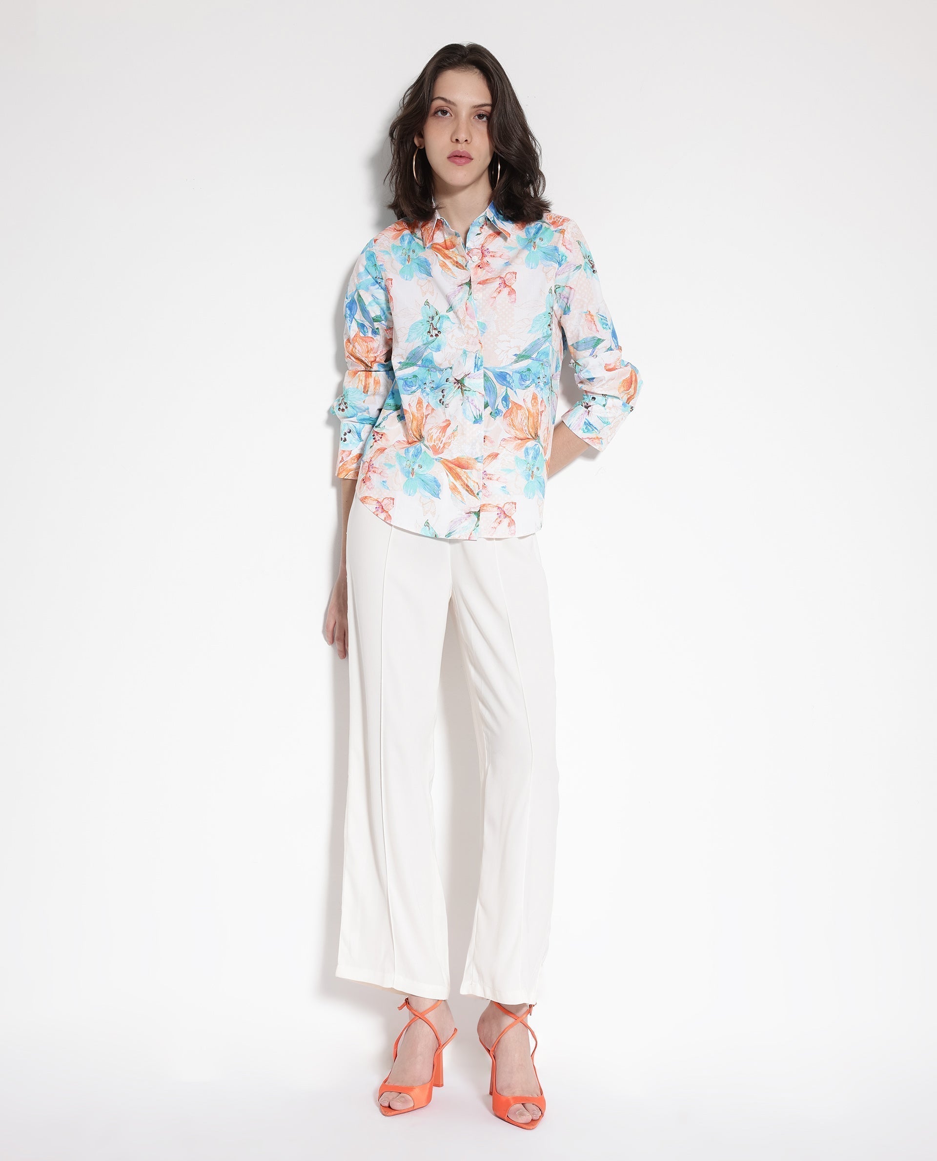 Rareism Women's Abbi Off White Cotton Spread Collar Floral Print Cuffed Sleeve Relaxed Fit Top