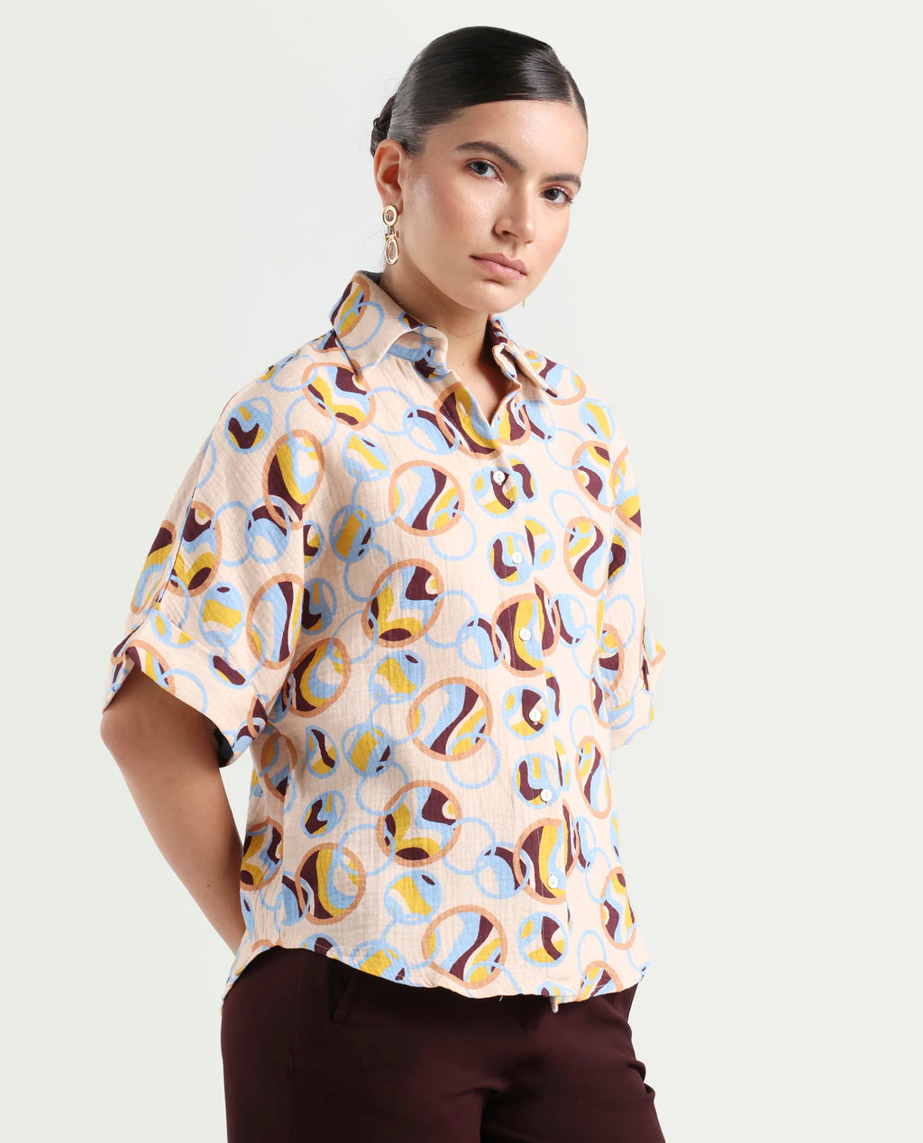 Rareism Women's Abuto-T Light Multi Cotton Drop Collar Abstract Print Extended Sleeves Regular Fit Shirt
