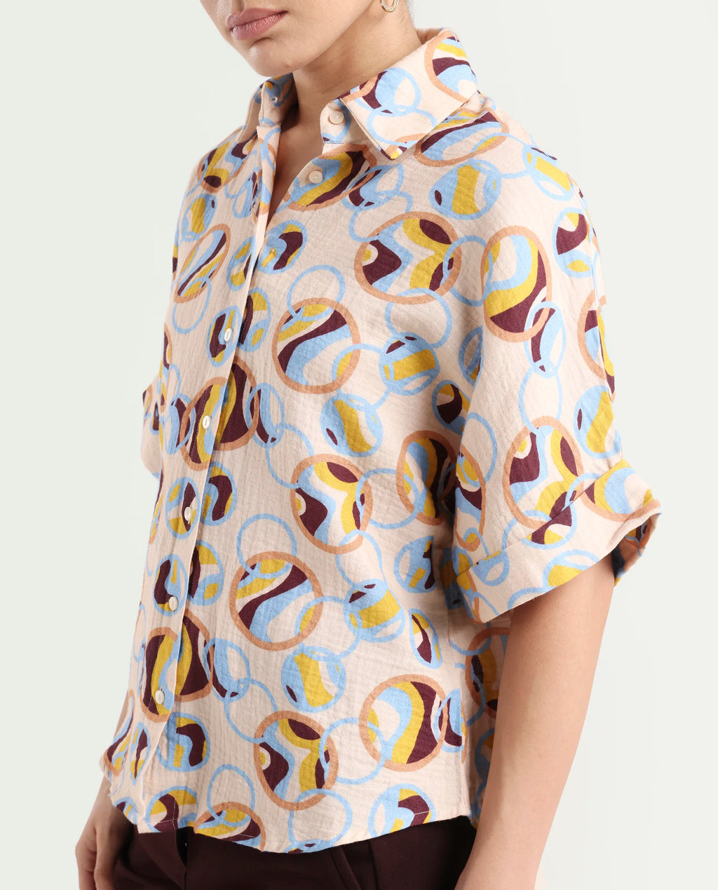 Rareism Women's Abuto-T Light Multi Cotton Drop Collar Abstract Print Extended Sleeves Regular Fit Shirt