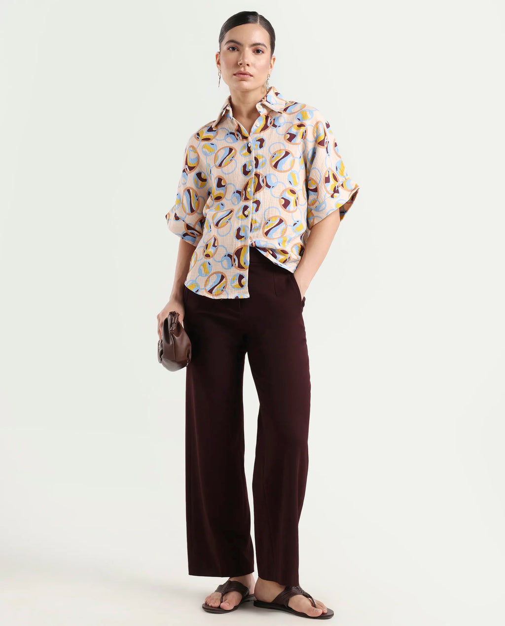 Rareism Women's Abuto-T Light Multi Cotton Drop Collar Abstract Print Extended Sleeves Regular Fit Shirt