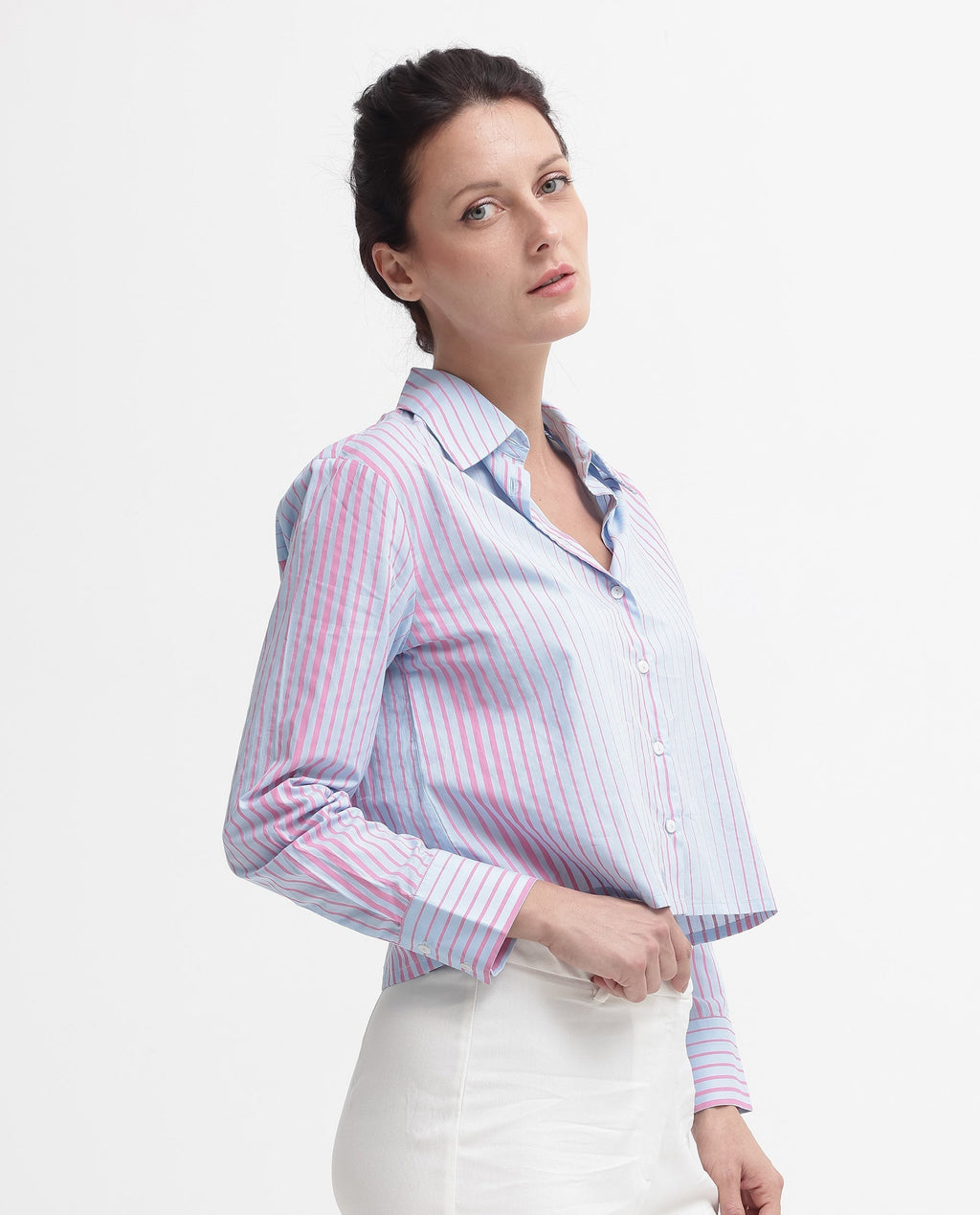 Rareism Women's Abylay Light Purple Drop Collar Striped Cuffed Sleeve Regular Fit Top