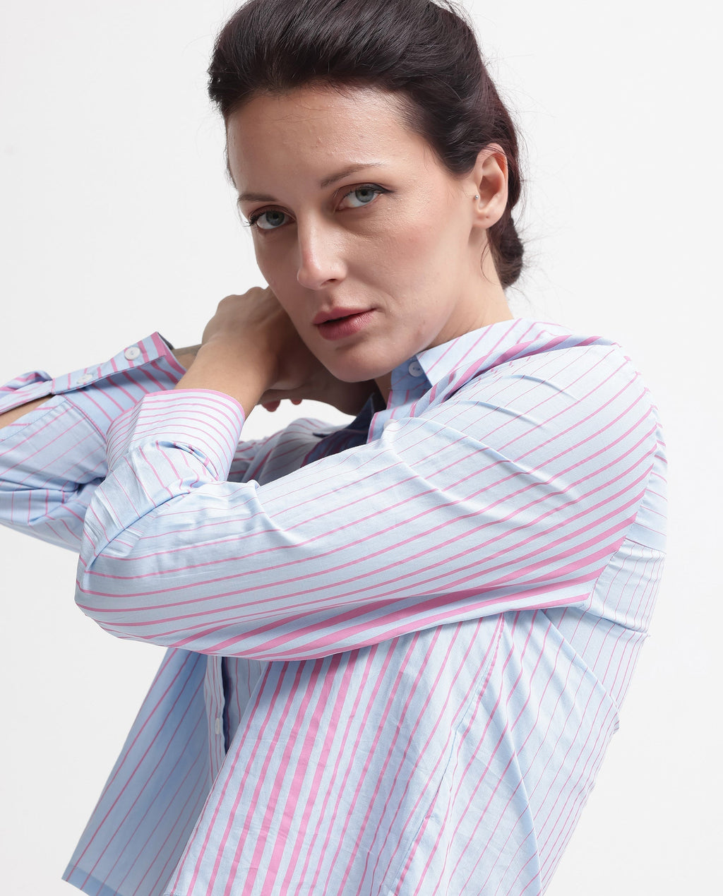 Rareism Women's Abylay Light Purple Drop Collar Striped Cuffed Sleeve Regular Fit Top