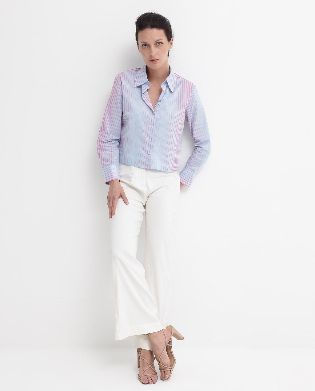 Rareism Women's Abylay Light Purple Drop Collar Striped Cuffed Sleeve Regular Fit Top