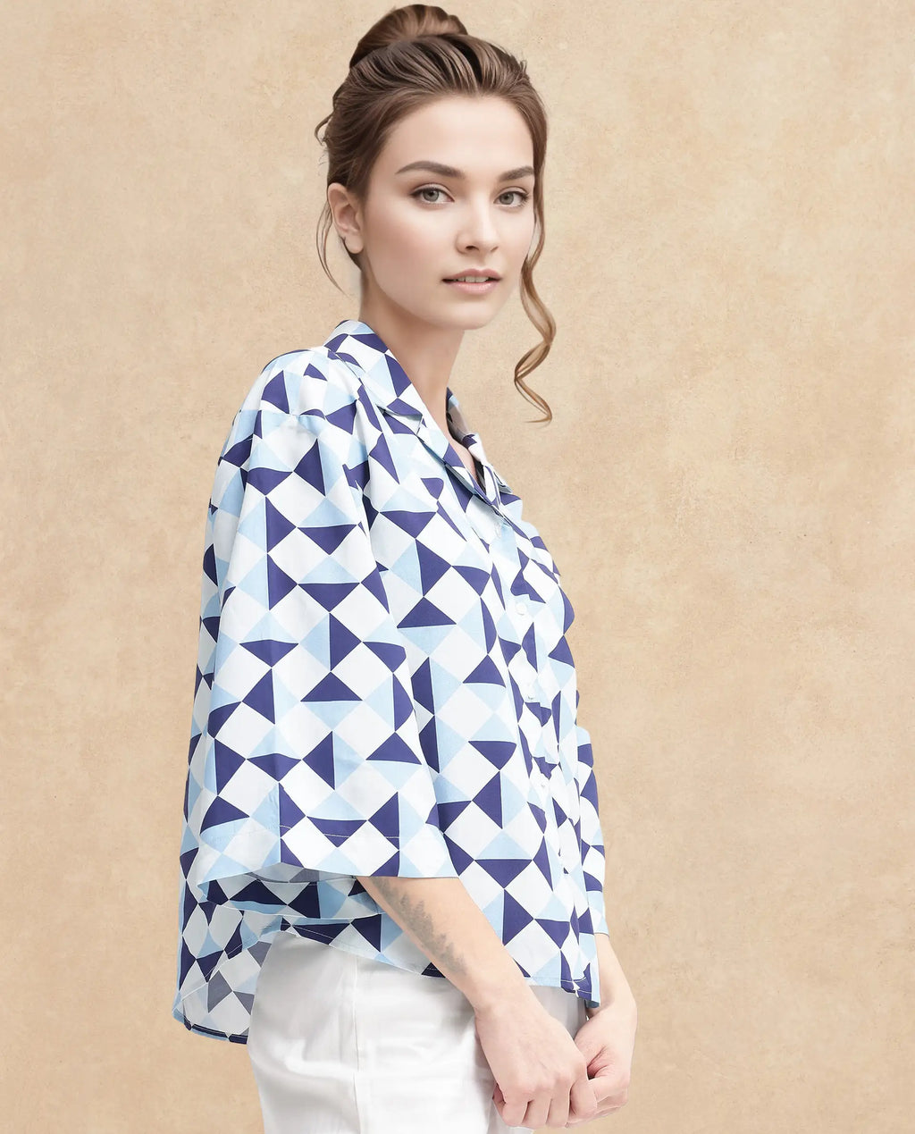 Rareism Women's Acerra Blue Viscose Blend Drop Collar Geometric Print Regular Fit Shirt