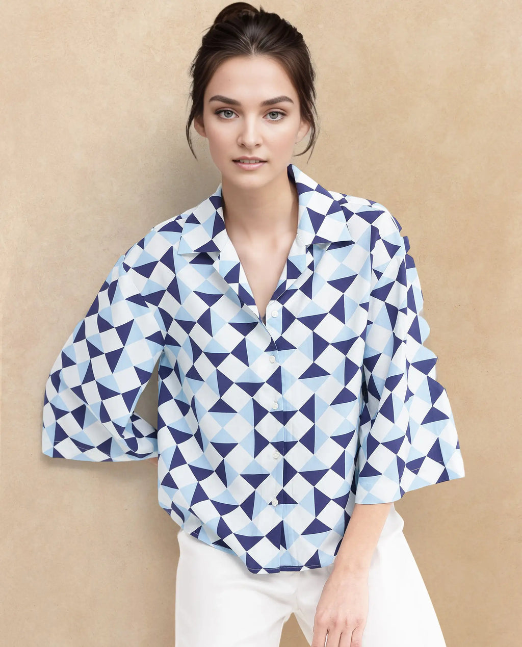 Rareism Women's Acerra Blue Viscose Blend Drop Collar Geometric Print Regular Fit Shirt