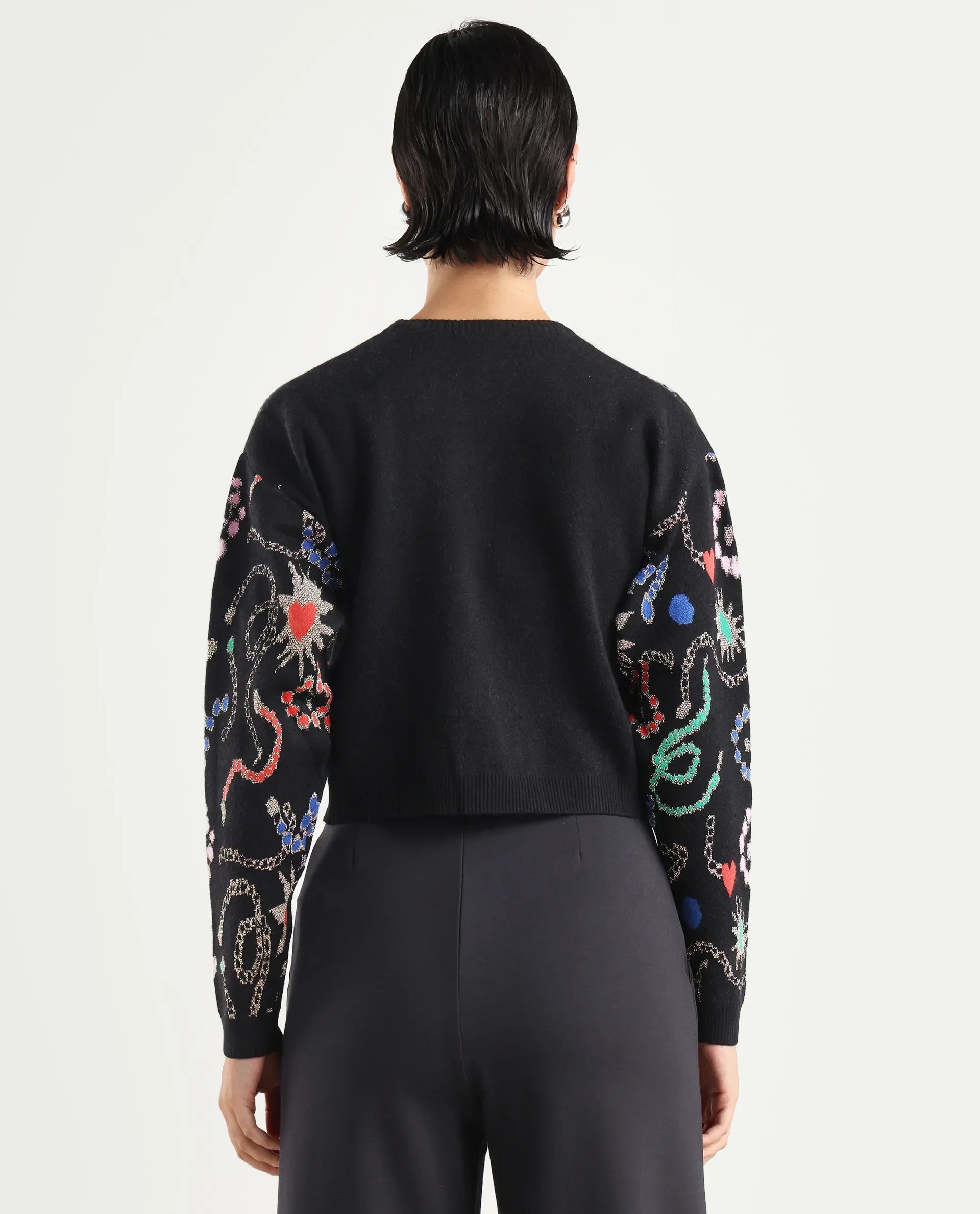 Rareism Women's Adana Black Viscose Crew Neck Abstract Print Regular Fit Sweater