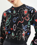 Rareism Women's Adana Black Viscose Crew Neck Abstract Print Regular Fit Sweater