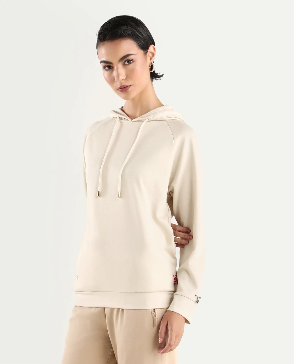 Rareism Women's Adani Off White Modal Blend Hooded Plain Relaxed Fit Sweatshirt