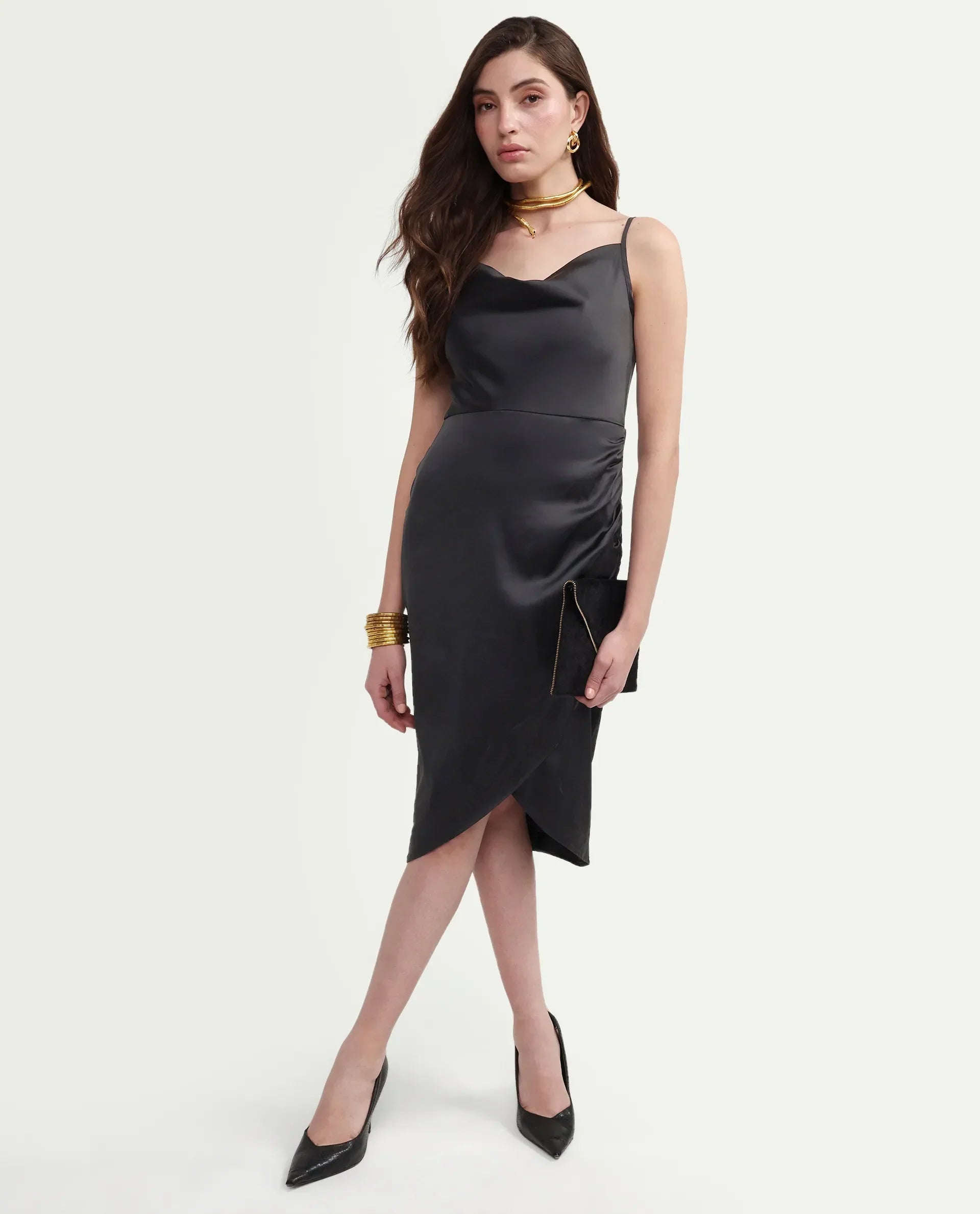 Rareism Women's Addilu Black Polyester Shoulder Straps Zipper Fitted Plain Dress