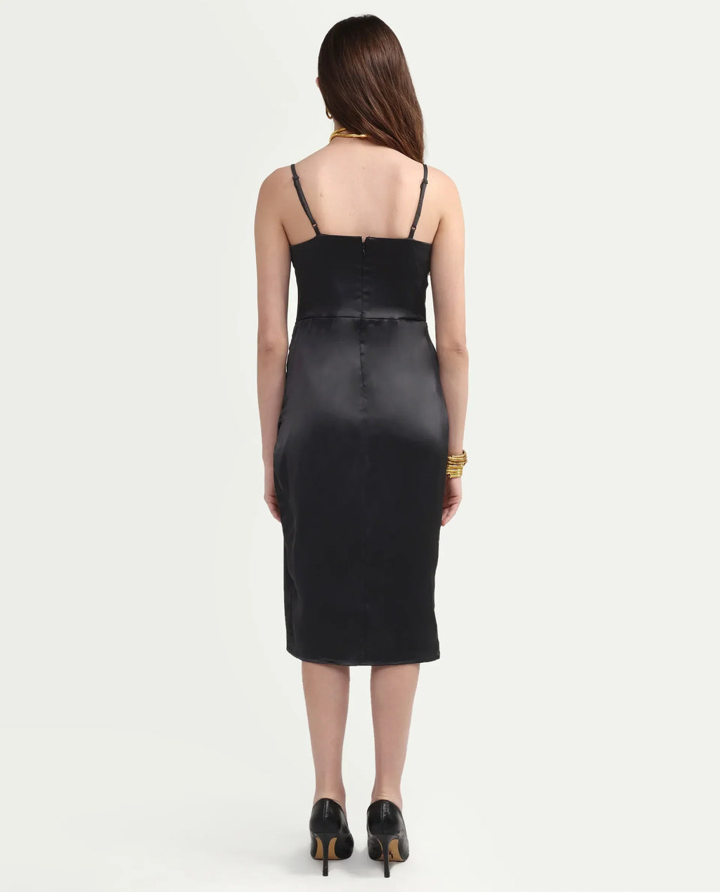 Rareism Women's Addilu Black Polyester Shoulder Straps Zipper Fitted Plain Dress