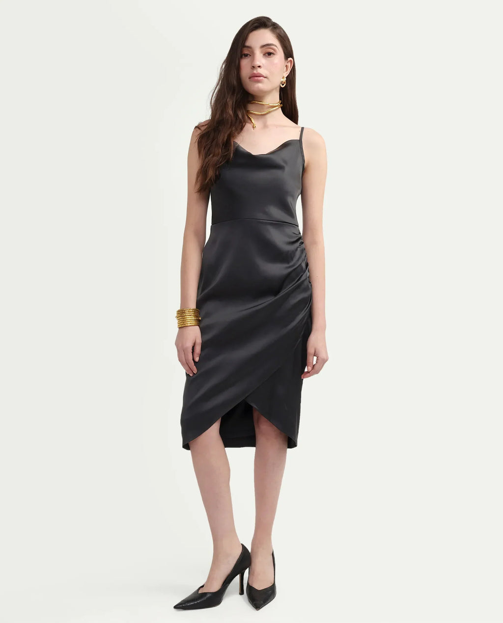 Rareism Women's Addilu Black Polyester Shoulder Straps Zipper Fitted Plain Dress