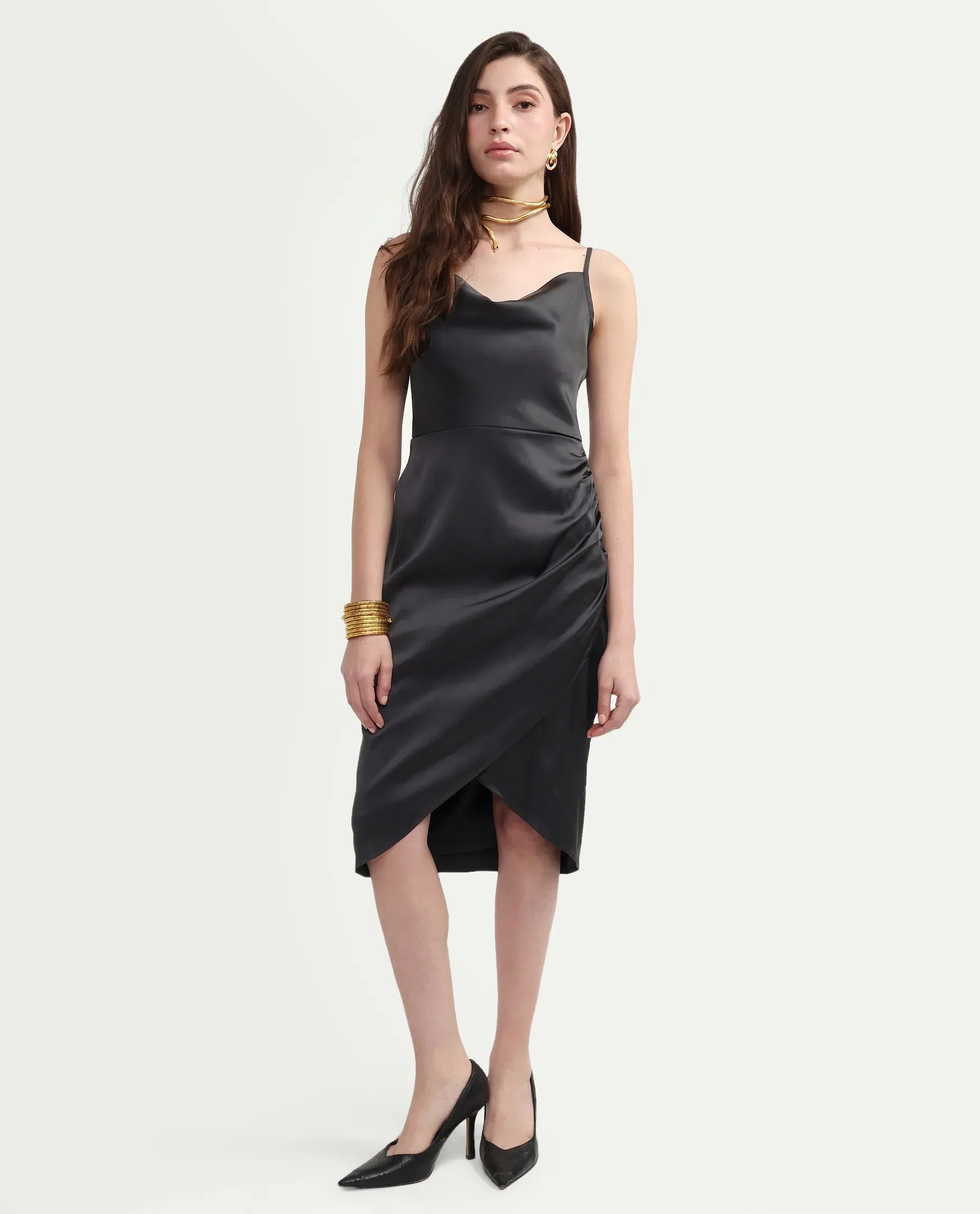 Rareism Women's Addilu Black Polyester Shoulder Straps Zipper Fitted Plain Dress