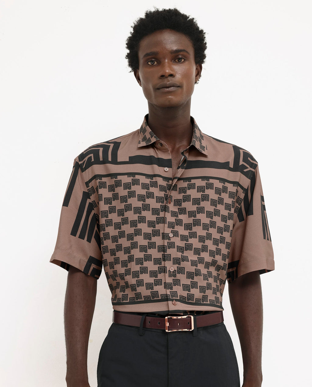 Rare Rabbit Men's Ade Brown Viscose Monogram Print Boxy Fit Half Sleeve Collared Shirt