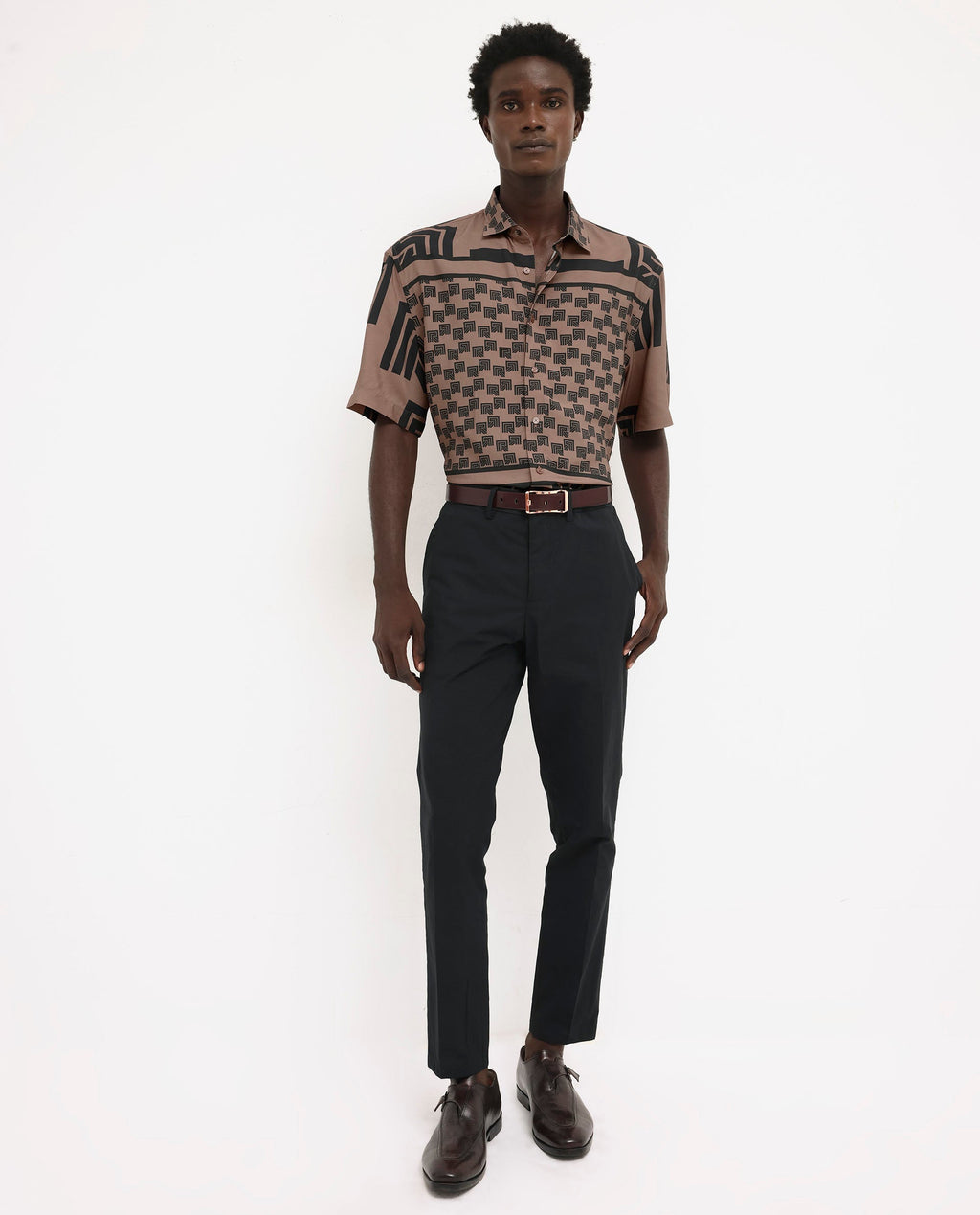 Rare Rabbit Men's Ade Brown Viscose Monogram Print Boxy Fit Half Sleeve Collared Shirt