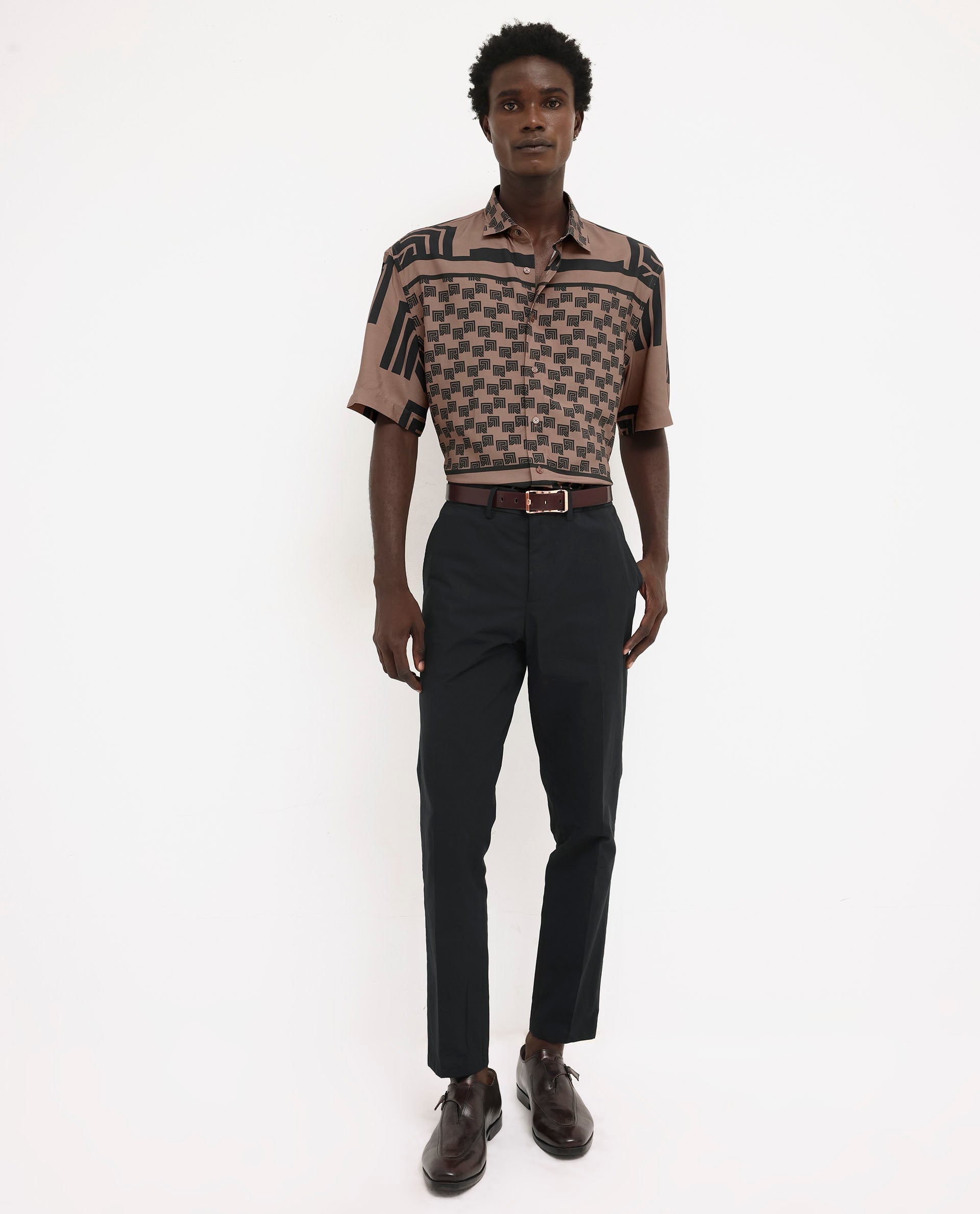 Rare Rabbit Men's Ade Brown Viscose Monogram Print Boxy Fit Half Sleeve Collared Shirt